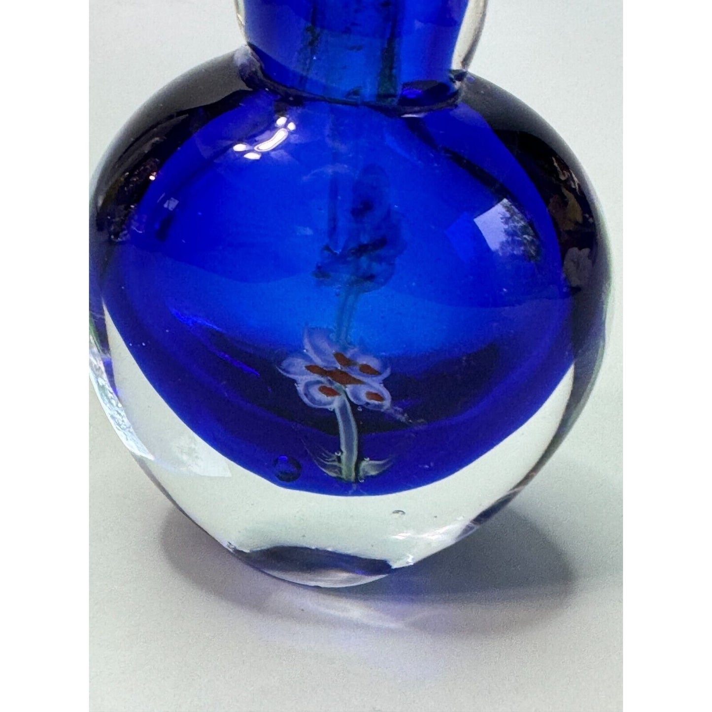 Vintage Cobalt Blue Millefiori Fower Perfume Bottle Art Glass with Stopper Empty