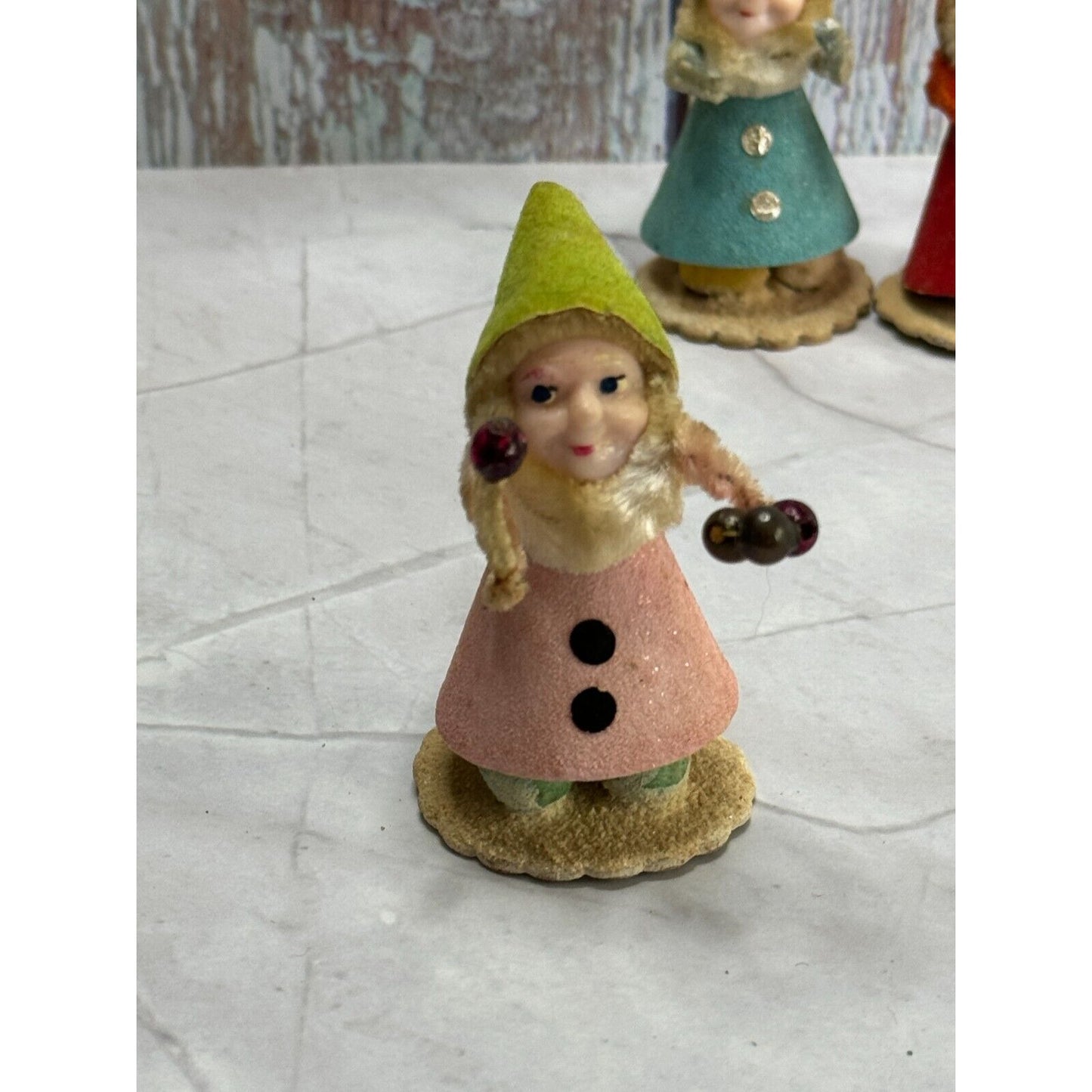Vintage Plastic Chenille Gnome Elf with Articulated Head Arms Spun Cotton Beard