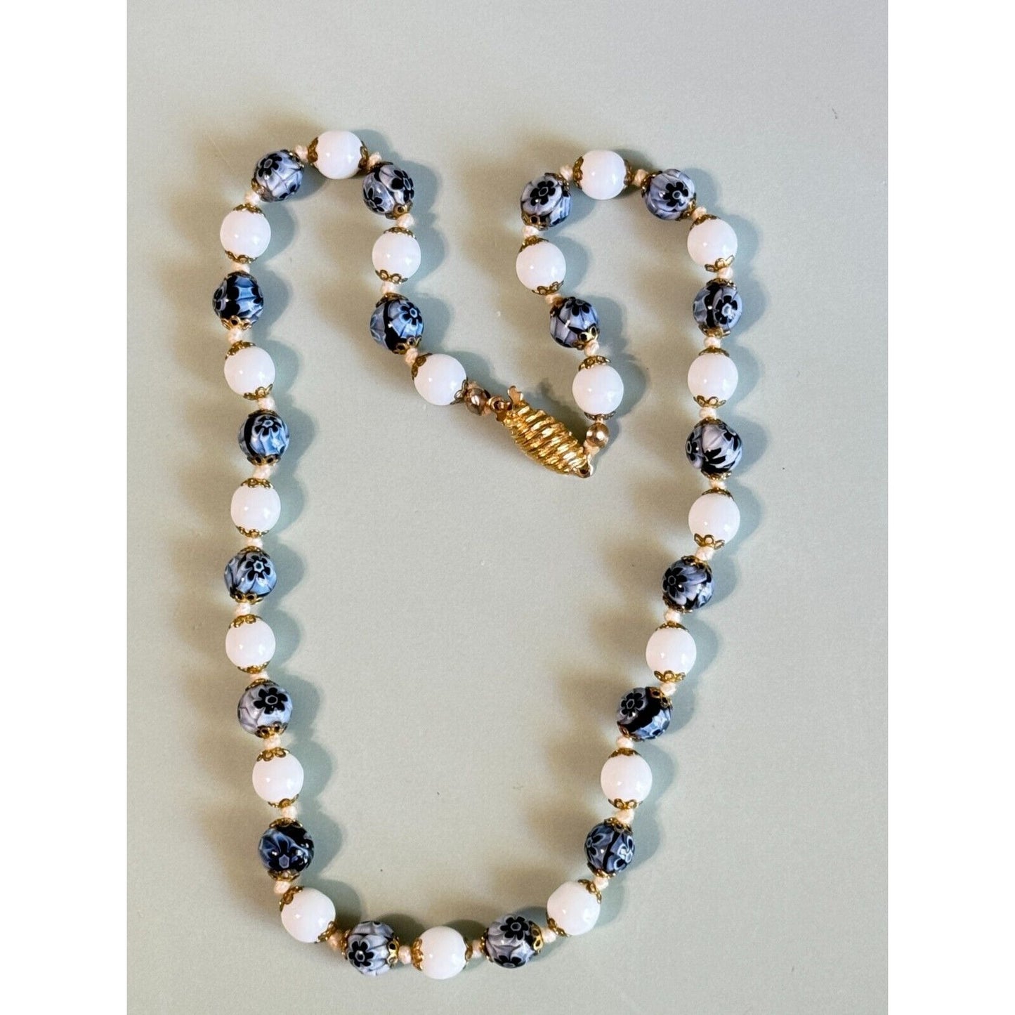 Vintage Venetian Millefiori Blue Floral and White Glass Beaded Necklace 16"