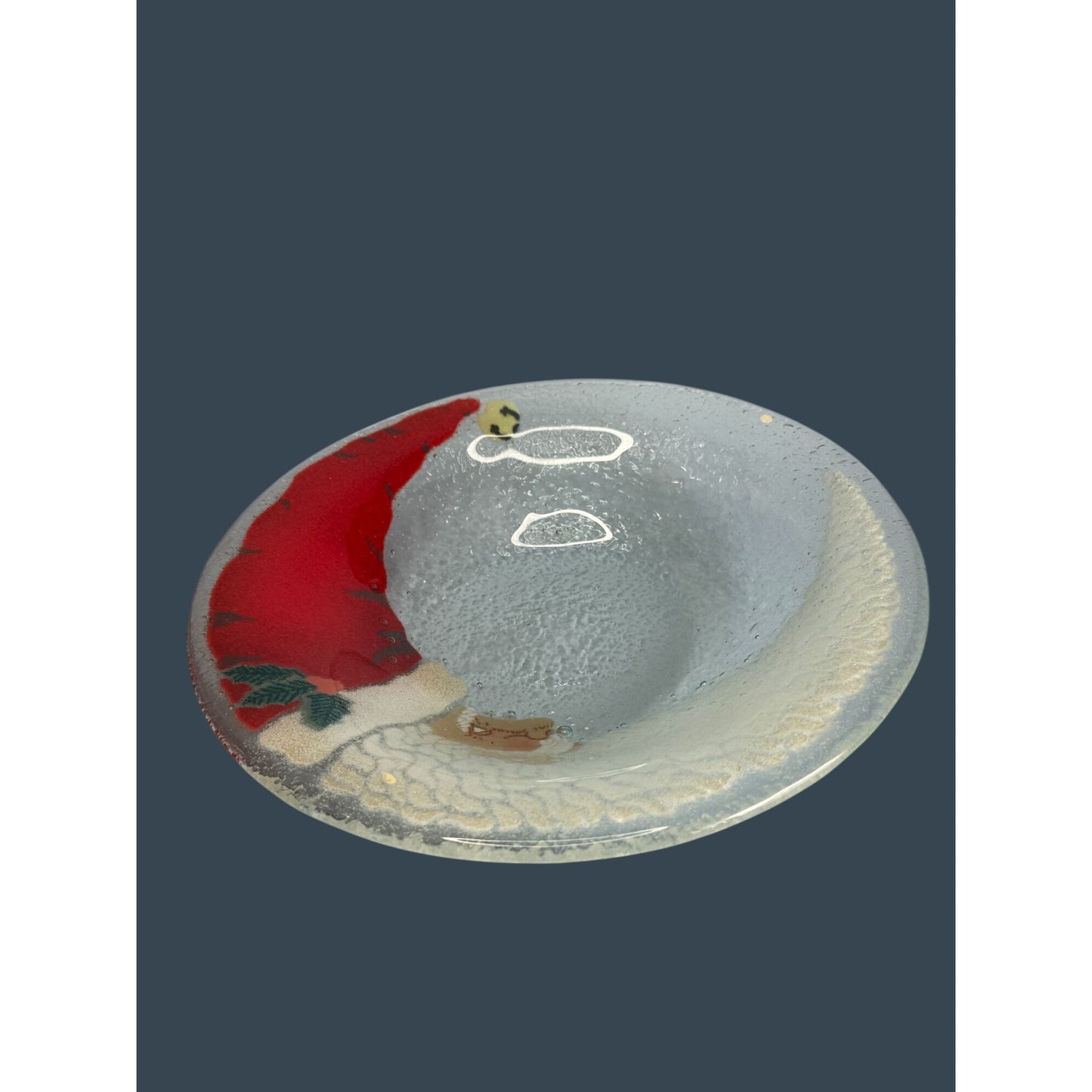 Peggy Karr Fused Glass Crescent Moon Santa 8.5" Bowl Handcrafted Holiday Decor