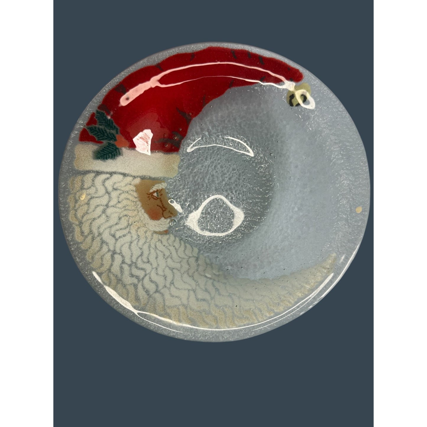 Peggy Karr Fused Glass Crescent Moon Santa 8.5" Bowl Handcrafted Holiday Decor