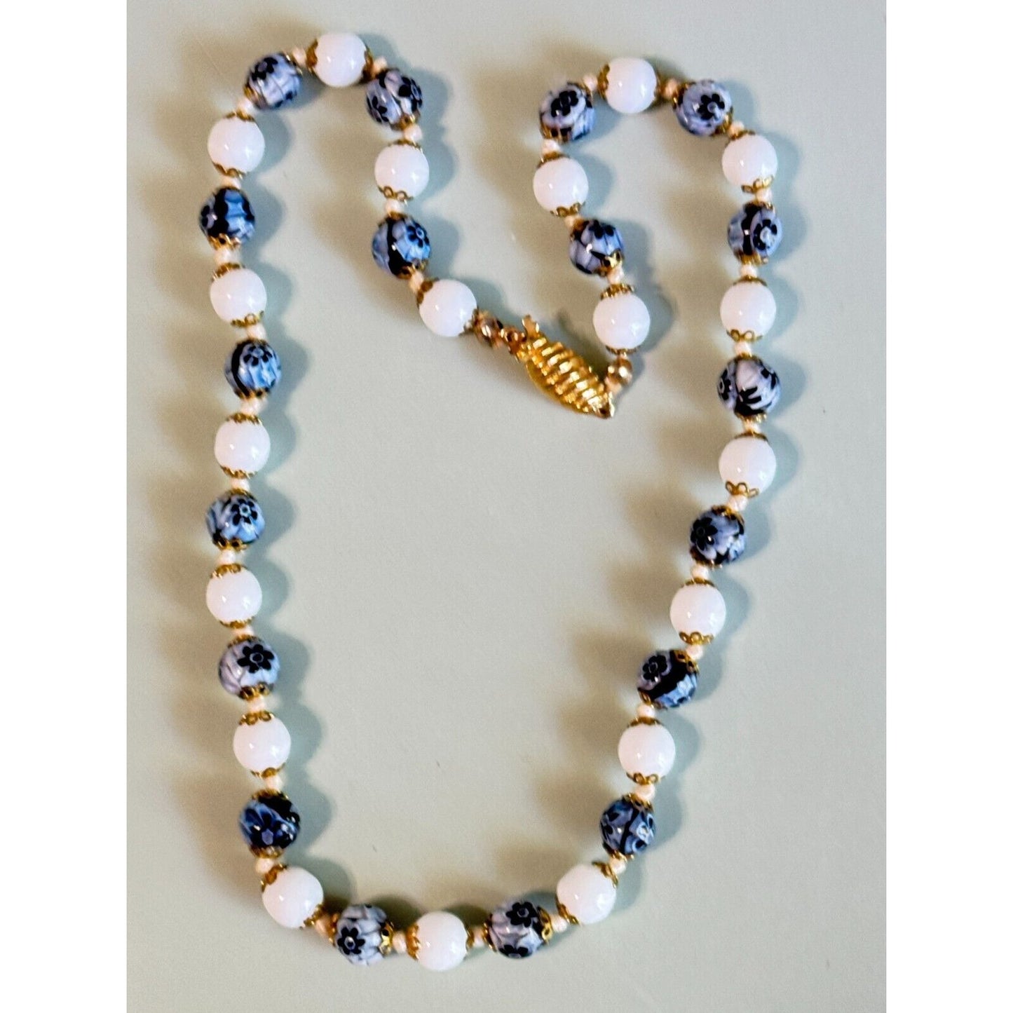 Vintage Venetian Millefiori Blue Floral and White Glass Beaded Necklace 16"