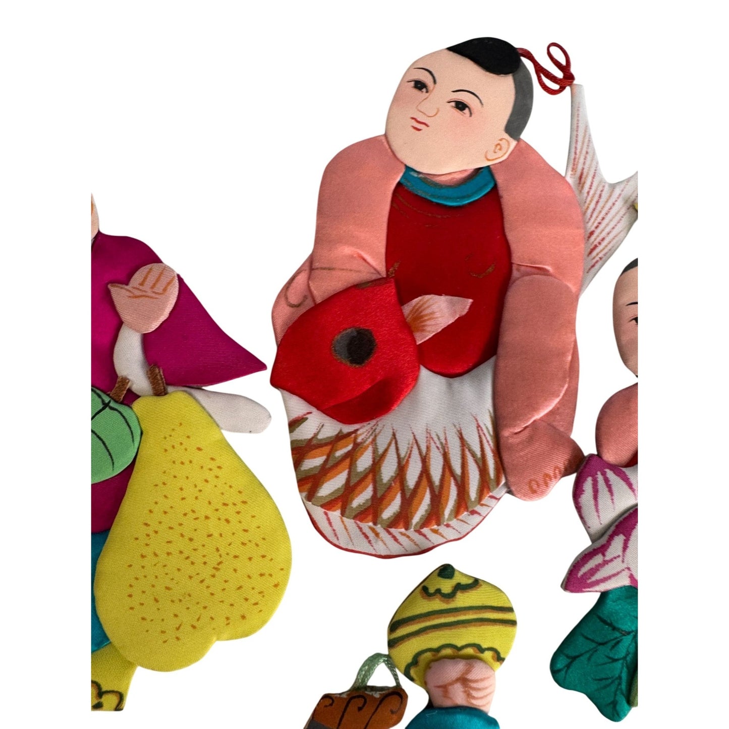 Set Of 6 Vintage Chinese Silk & Cardboard Ornaments Folk Figures 6" No Box