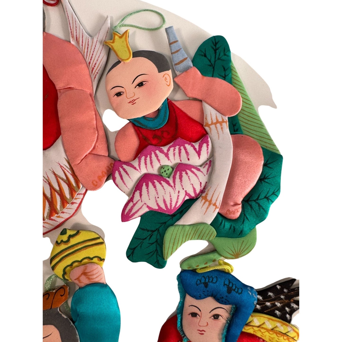 Set Of 6 Vintage Chinese Silk & Cardboard Ornaments Folk Figures 6" No Box