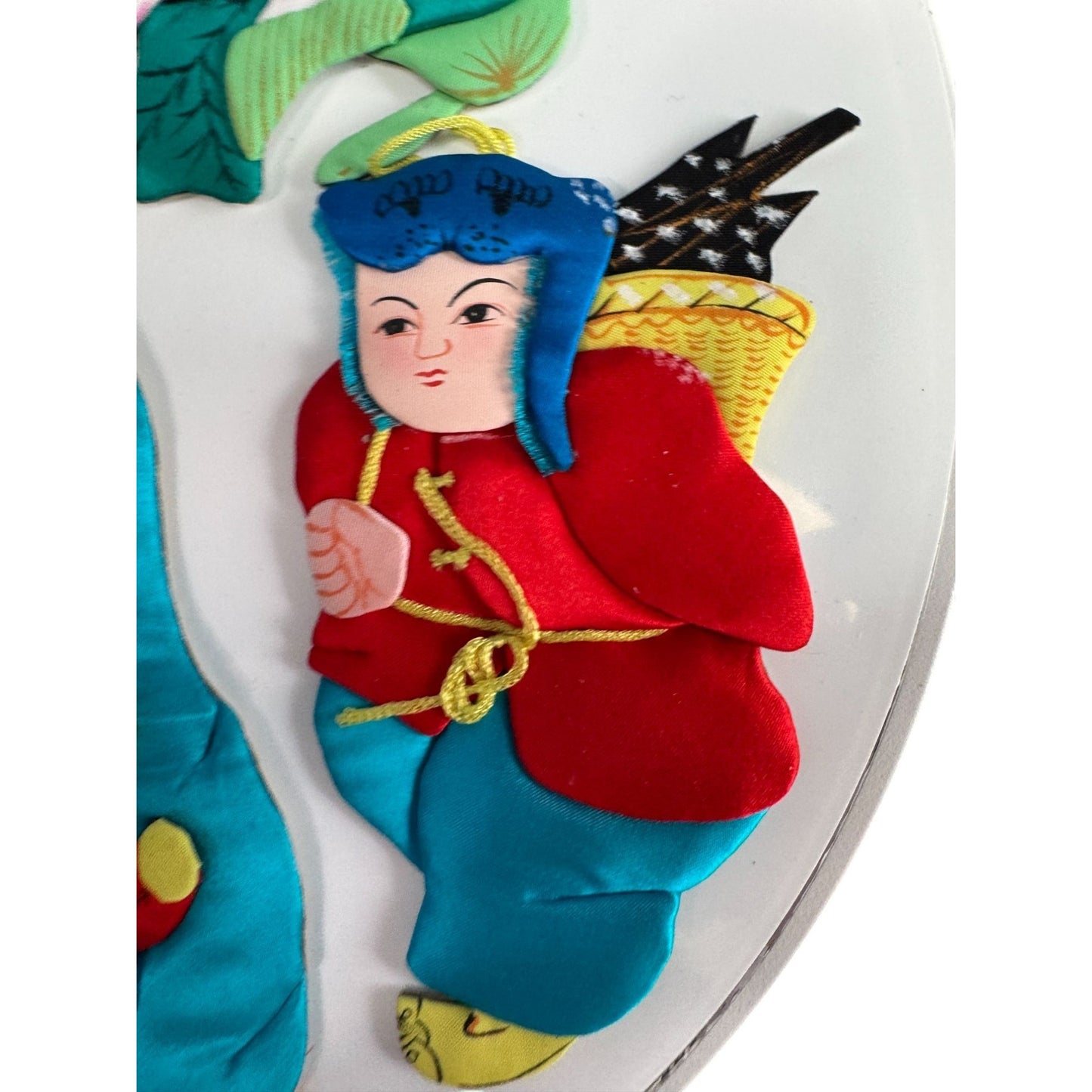 Set Of 6 Vintage Chinese Silk & Cardboard Ornaments Folk Figures 6" No Box