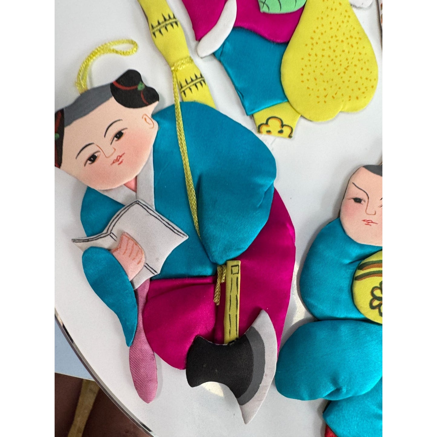 Set Of 6 Vintage Chinese Silk & Cardboard Ornaments Folk Figures 6" No Box