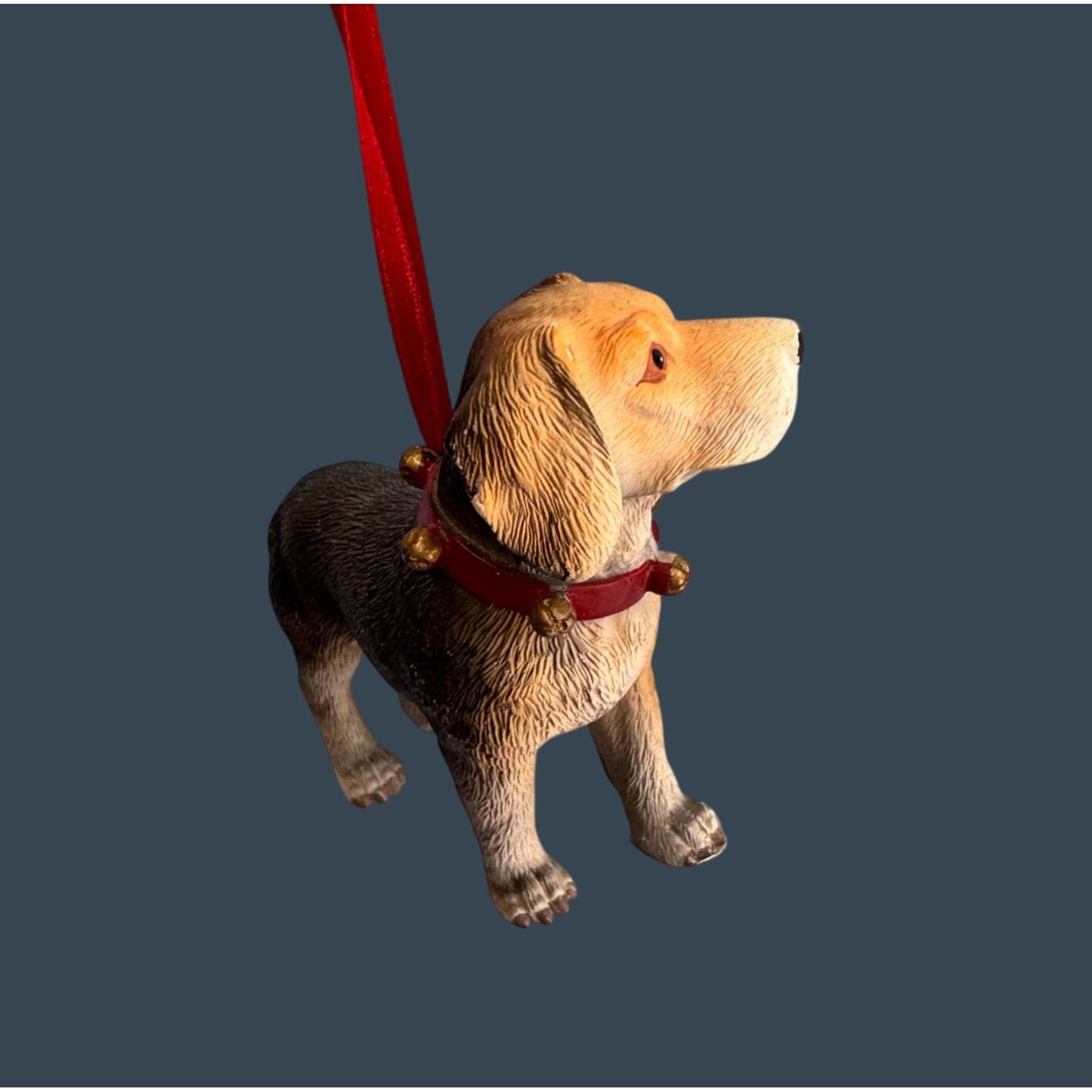 Beagle Dog Ornament Red Ribbon Ceramic Holiday Decor 3”