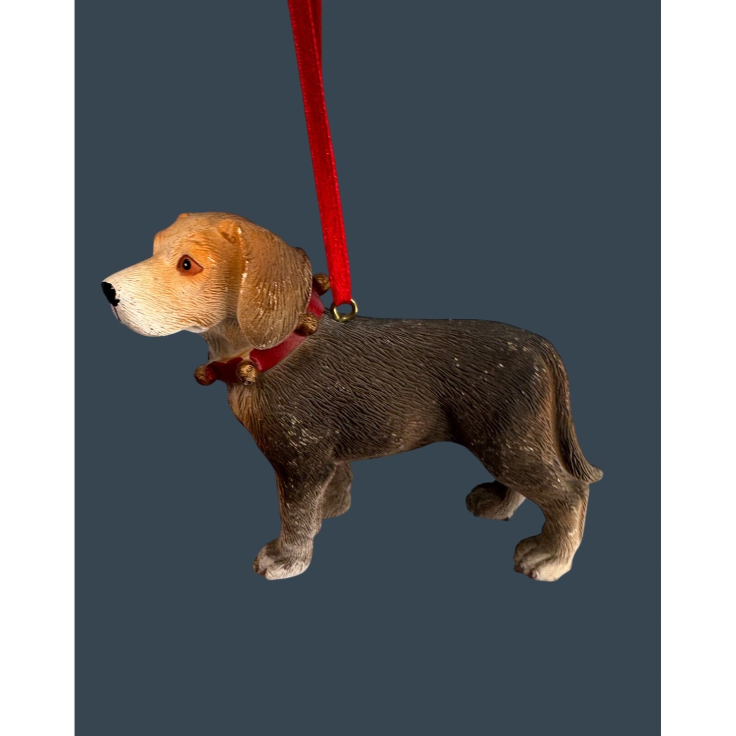 Beagle Dog Ornament Red Ribbon Ceramic Holiday Decor 3”