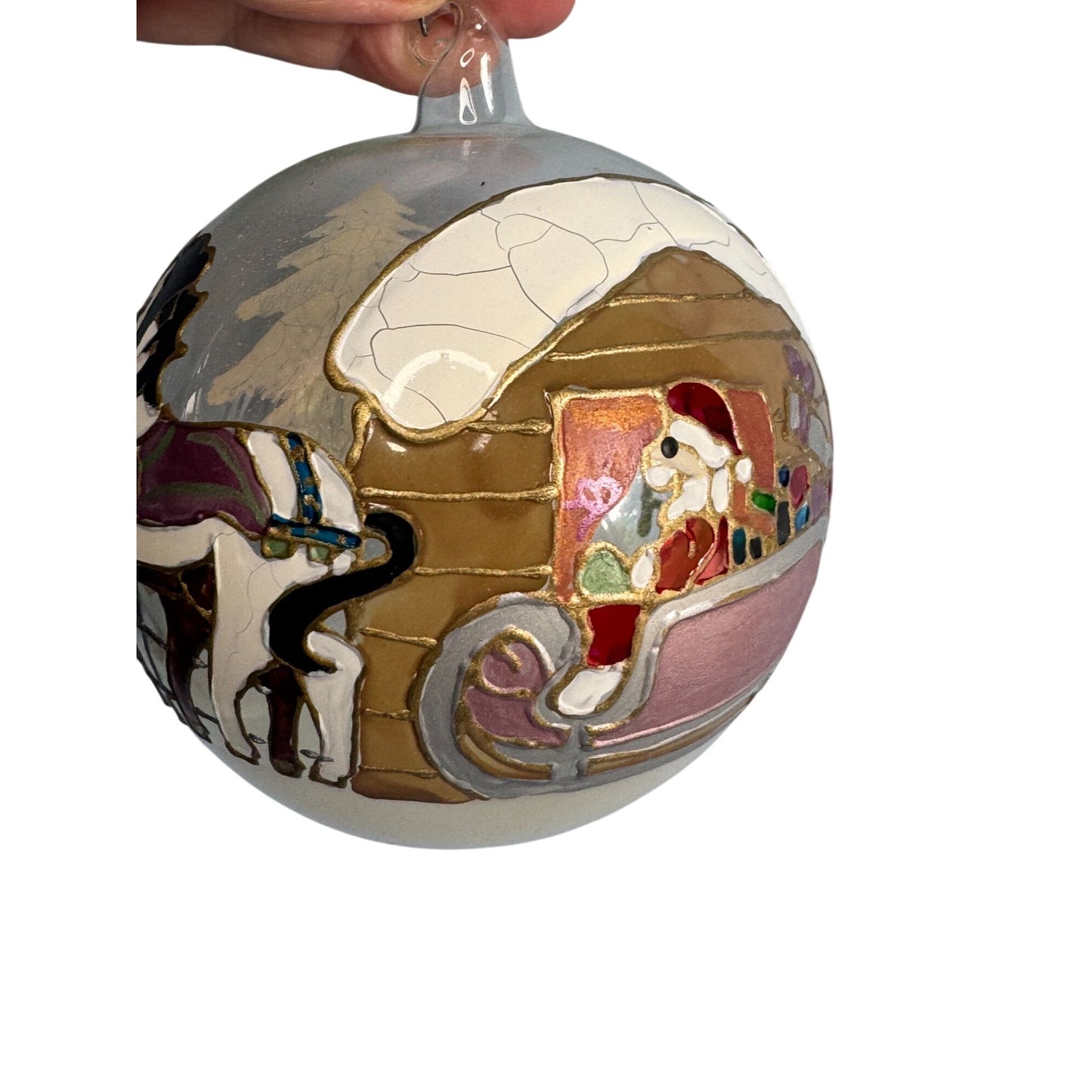 Austrian Blown Glass Ornament Embossed Painted Santa Sleigh Horse Scene 4" 1992