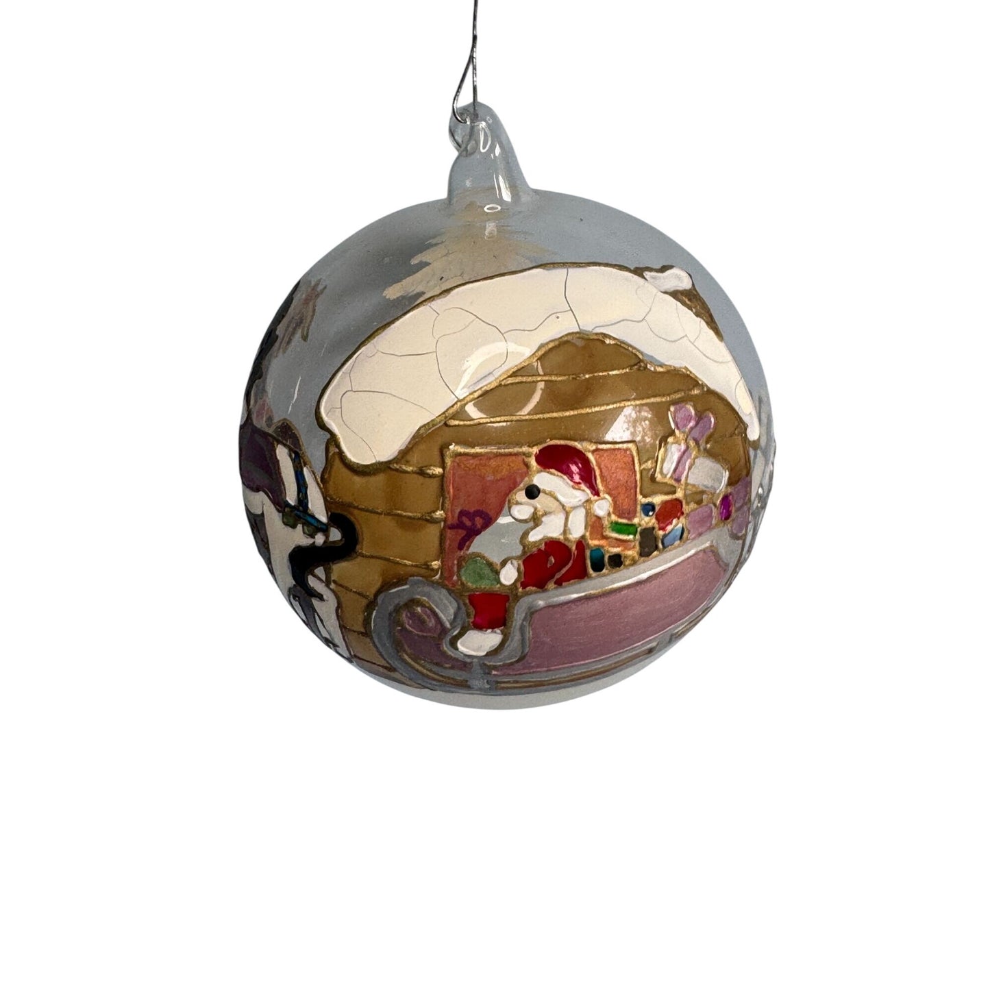 Austrian Blown Glass Ornament Embossed Painted Santa Sleigh Horse Scene 4" 1992