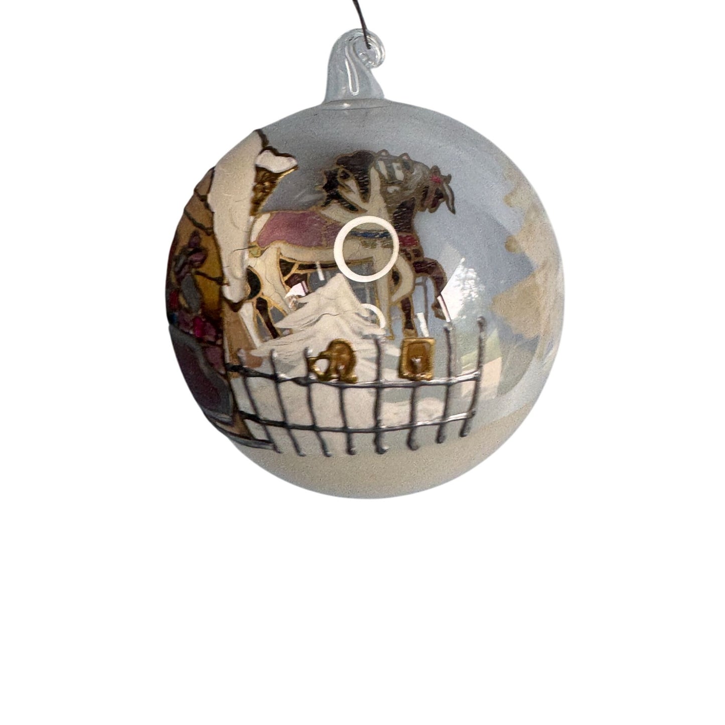 Austrian Blown Glass Ornament Embossed Painted Santa Sleigh Horse Scene 4" 1992