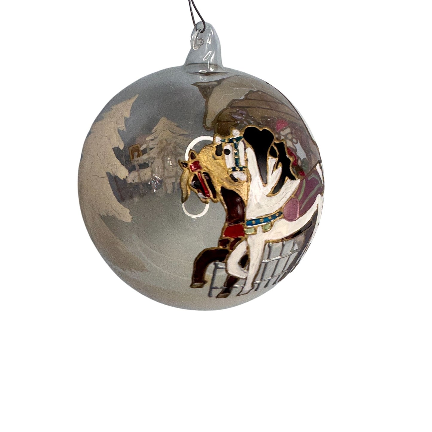 Austrian Blown Glass Ornament Embossed Painted Santa Sleigh Horse Scene 4" 1992