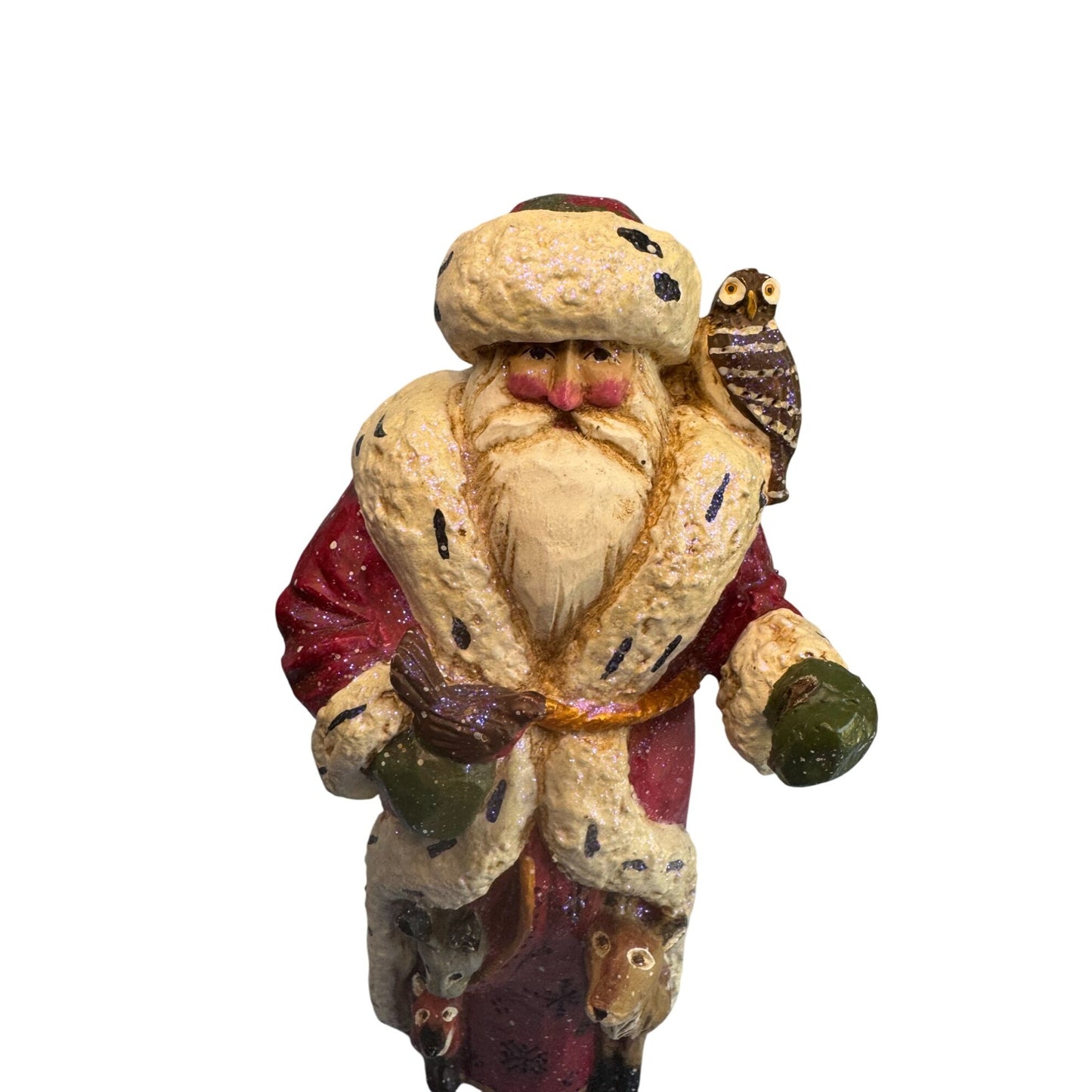 Title:Pamela Schifferl Woodland Santa Figurine Red Coat Owl Forest Animals 8"