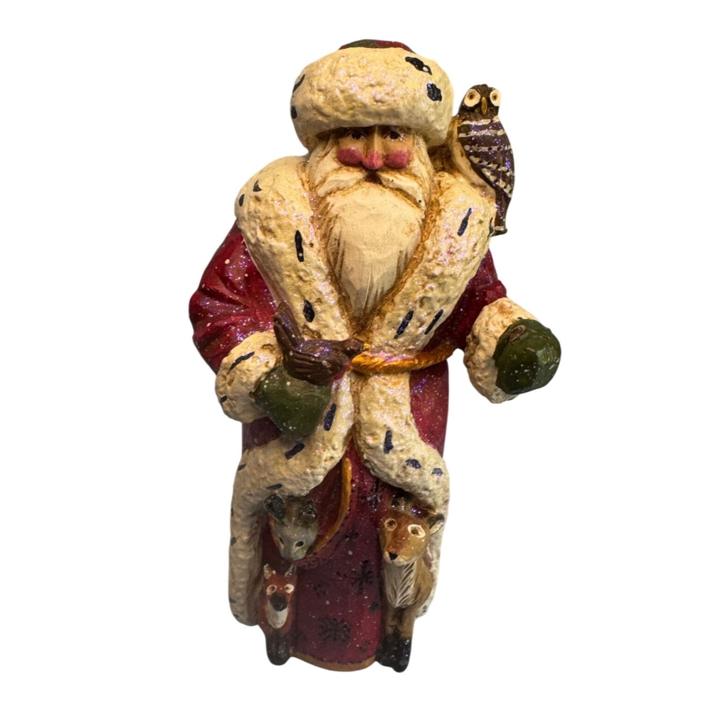 Title:Pamela Schifferl Woodland Santa Figurine Red Coat Owl Forest Animals 8"