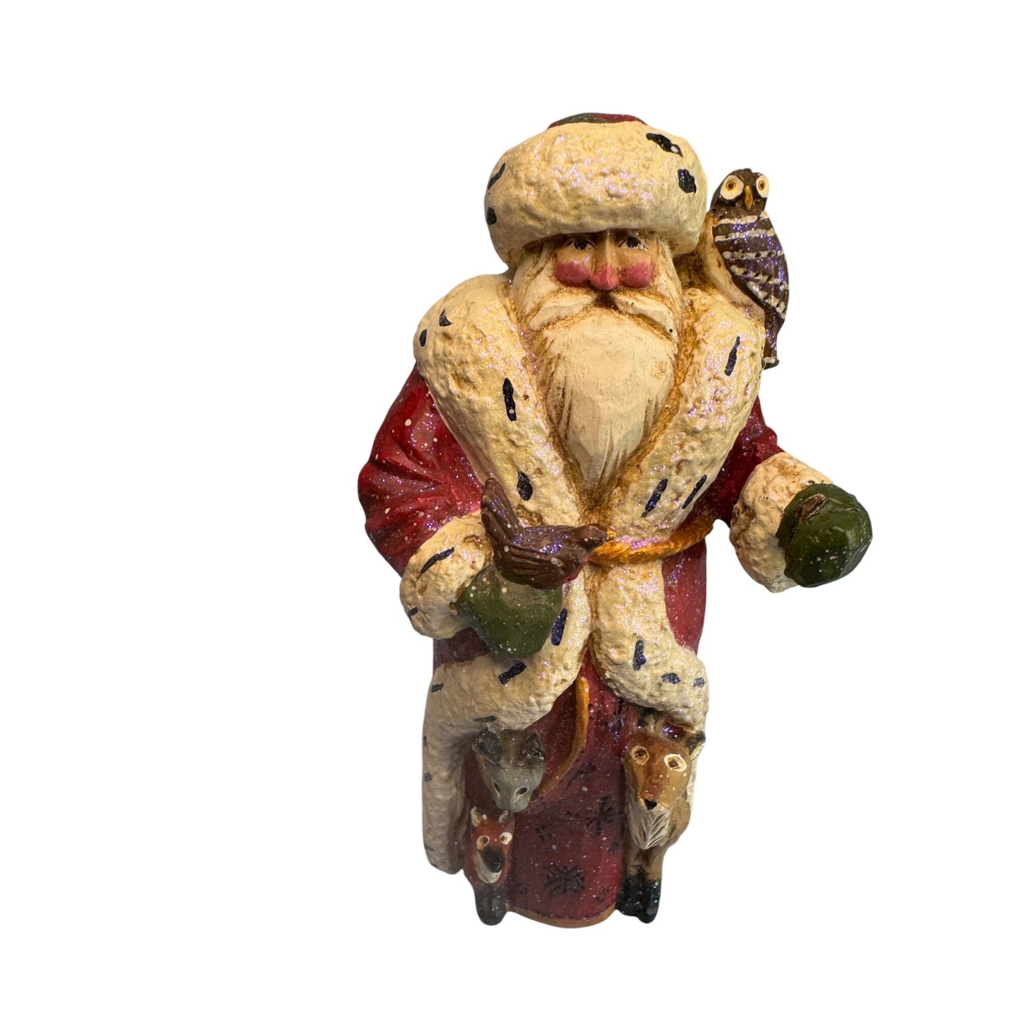 Title:Pamela Schifferl Woodland Santa Figurine Red Coat Owl Forest Animals 8"