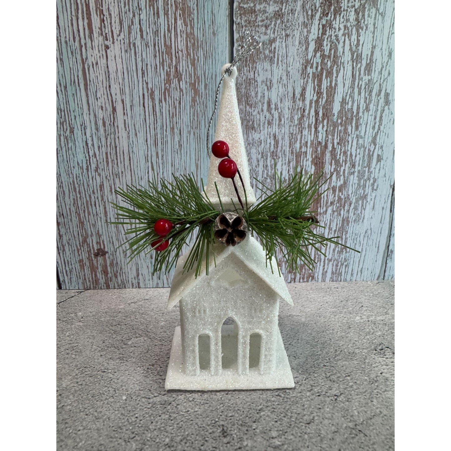 Glittery White Church Ornament With Pinecones & Berries 6 1/2"