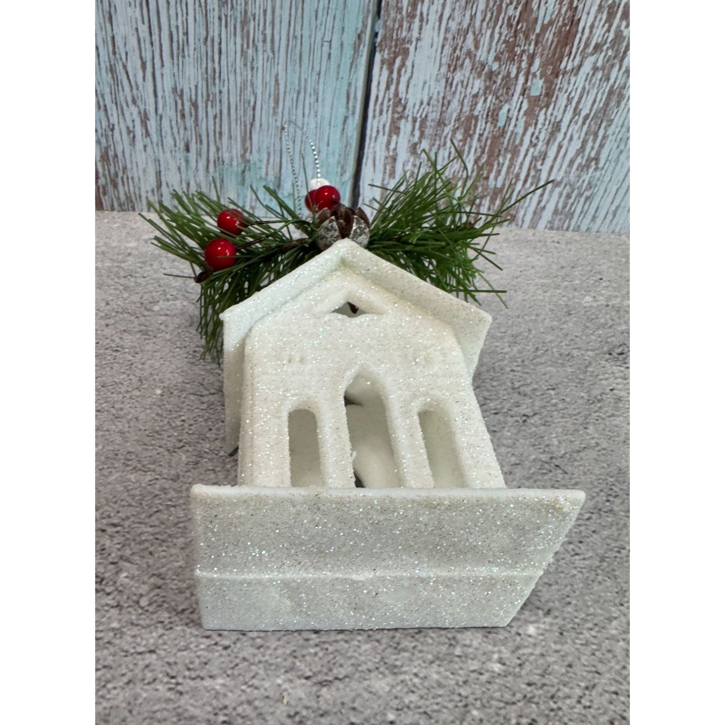 Glittery White Church Ornament With Pinecones & Berries 6 1/2"