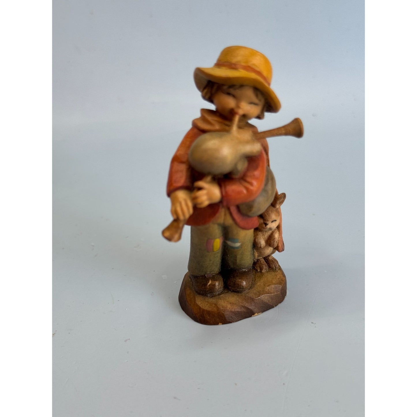 Vintage ANRI Italy Wood Carved Boy Bagpipes Figurine w/ Bunny 3 1/8"