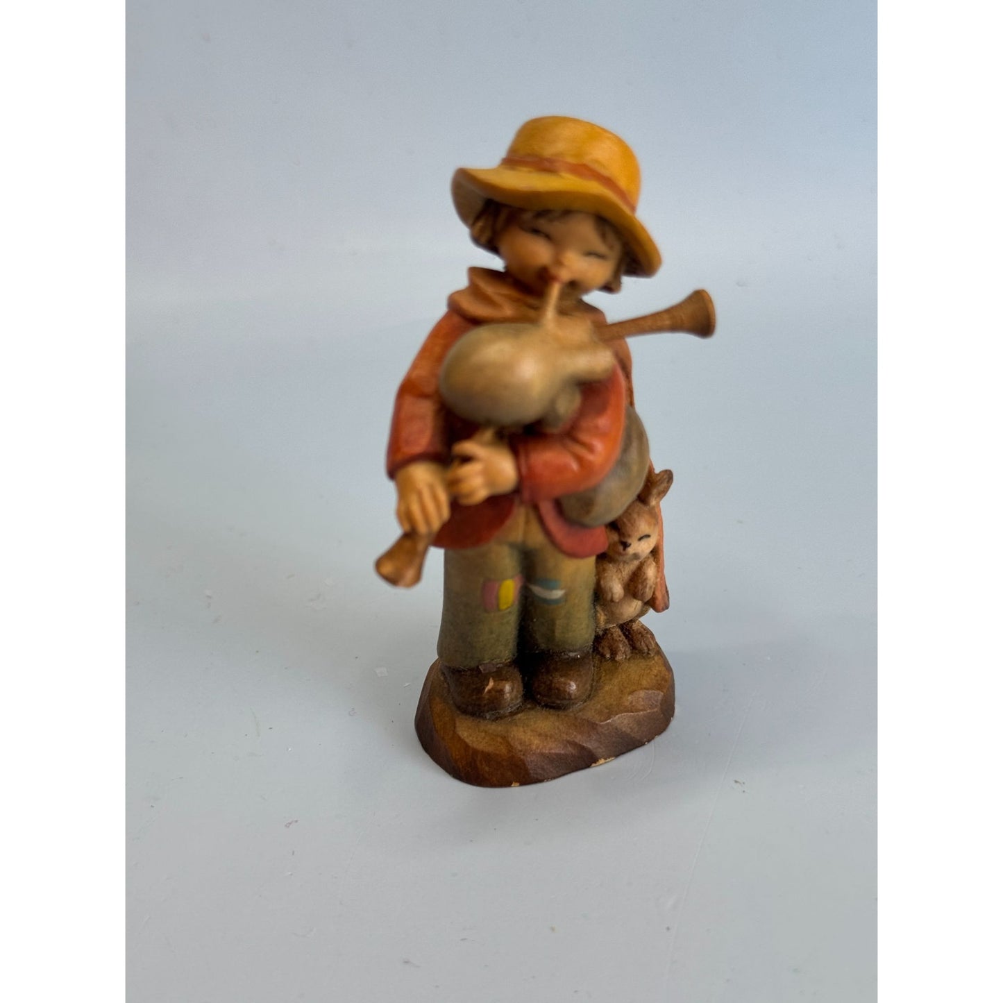 Vintage ANRI Italy Wood Carved Boy Bagpipes Figurine w/ Bunny 3 1/8"