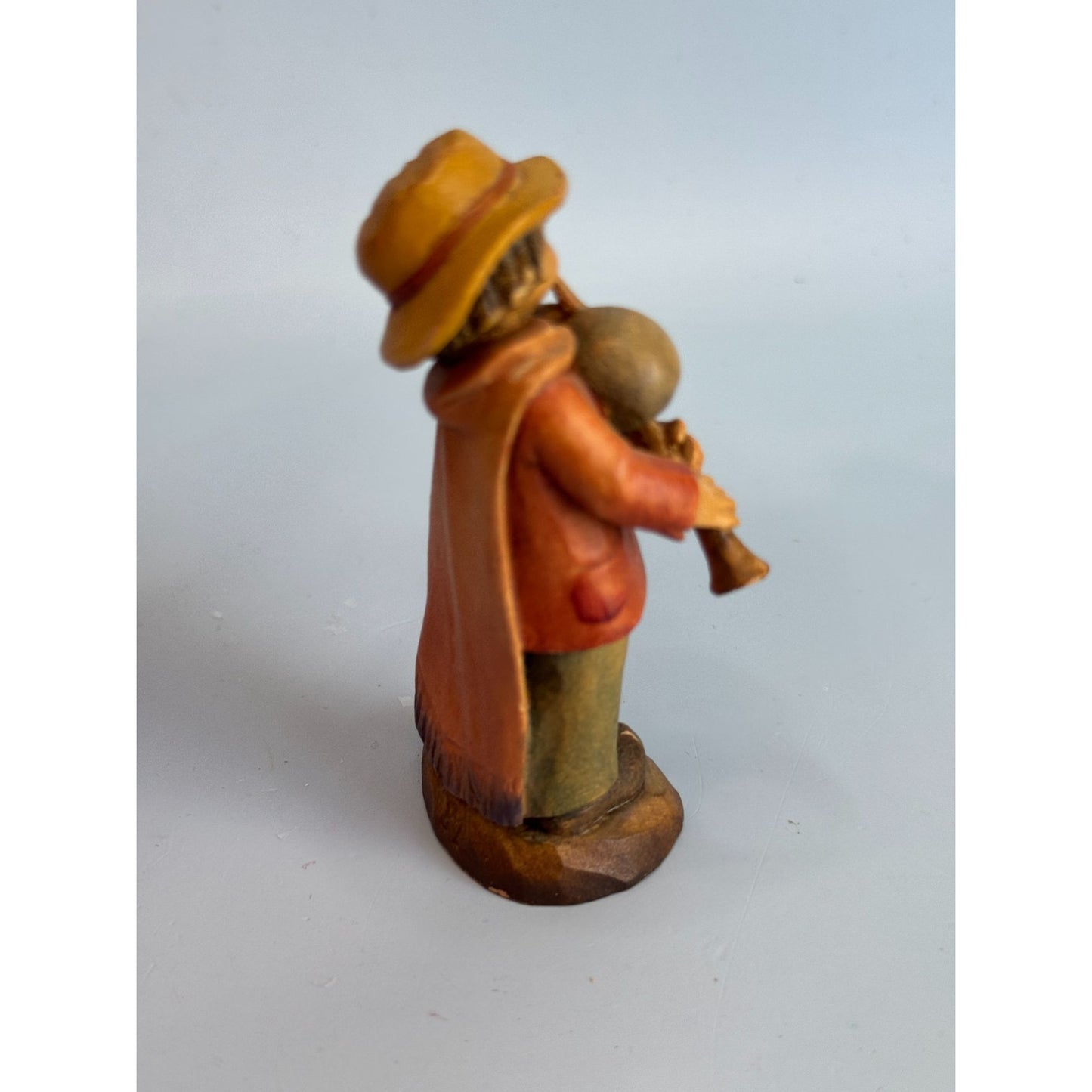 Vintage ANRI Italy Wood Carved Boy Bagpipes Figurine w/ Bunny 3 1/8"