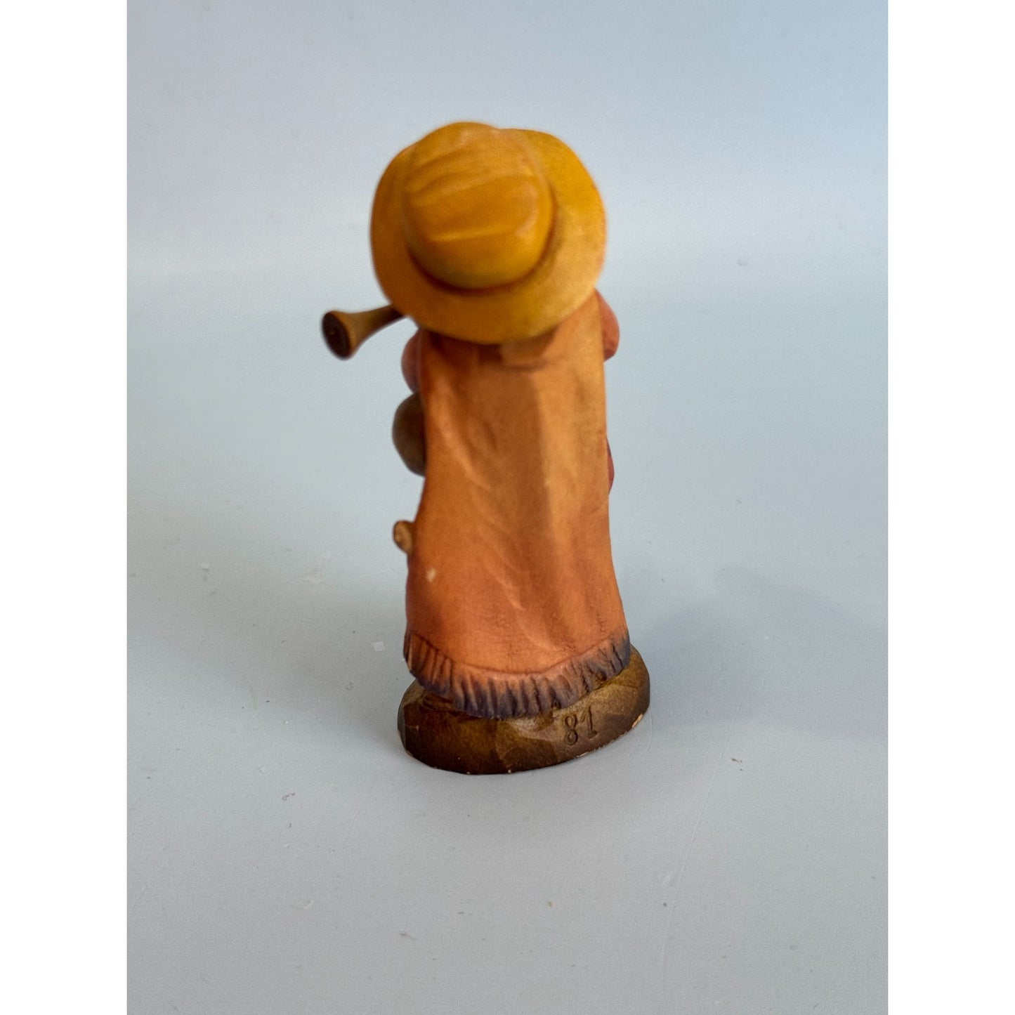 Vintage ANRI Italy Wood Carved Boy Bagpipes Figurine w/ Bunny 3 1/8"