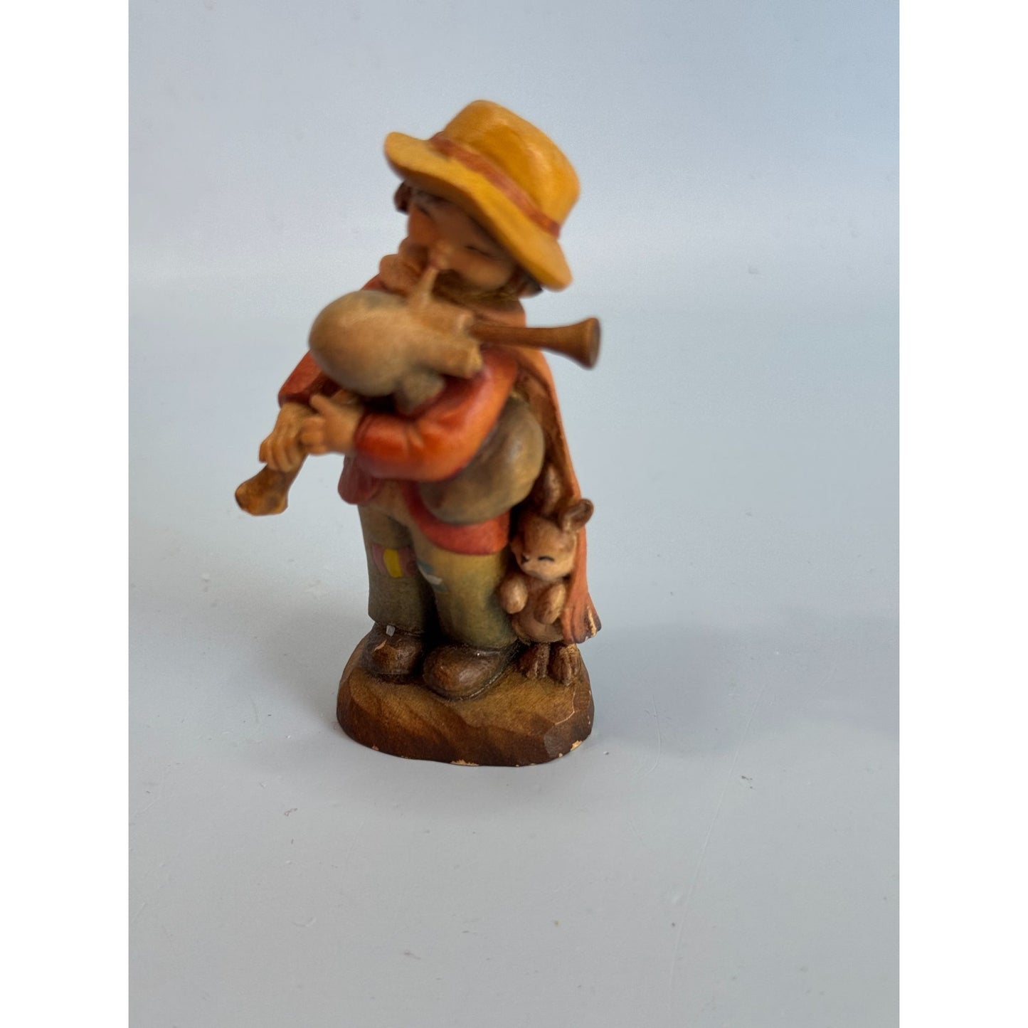 Vintage ANRI Italy Wood Carved Boy Bagpipes Figurine w/ Bunny 3 1/8"