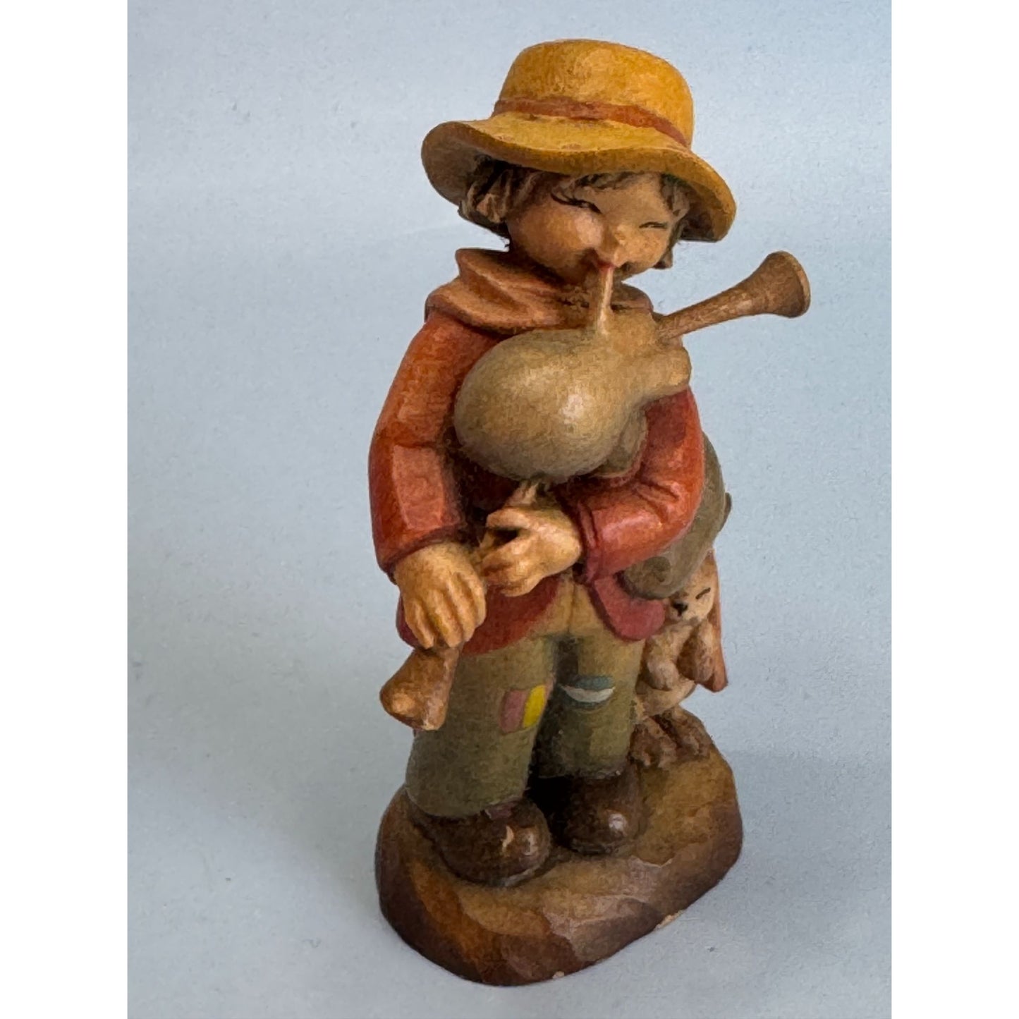 Vintage ANRI Italy Wood Carved Boy Bagpipes Figurine w/ Bunny 3 1/8"