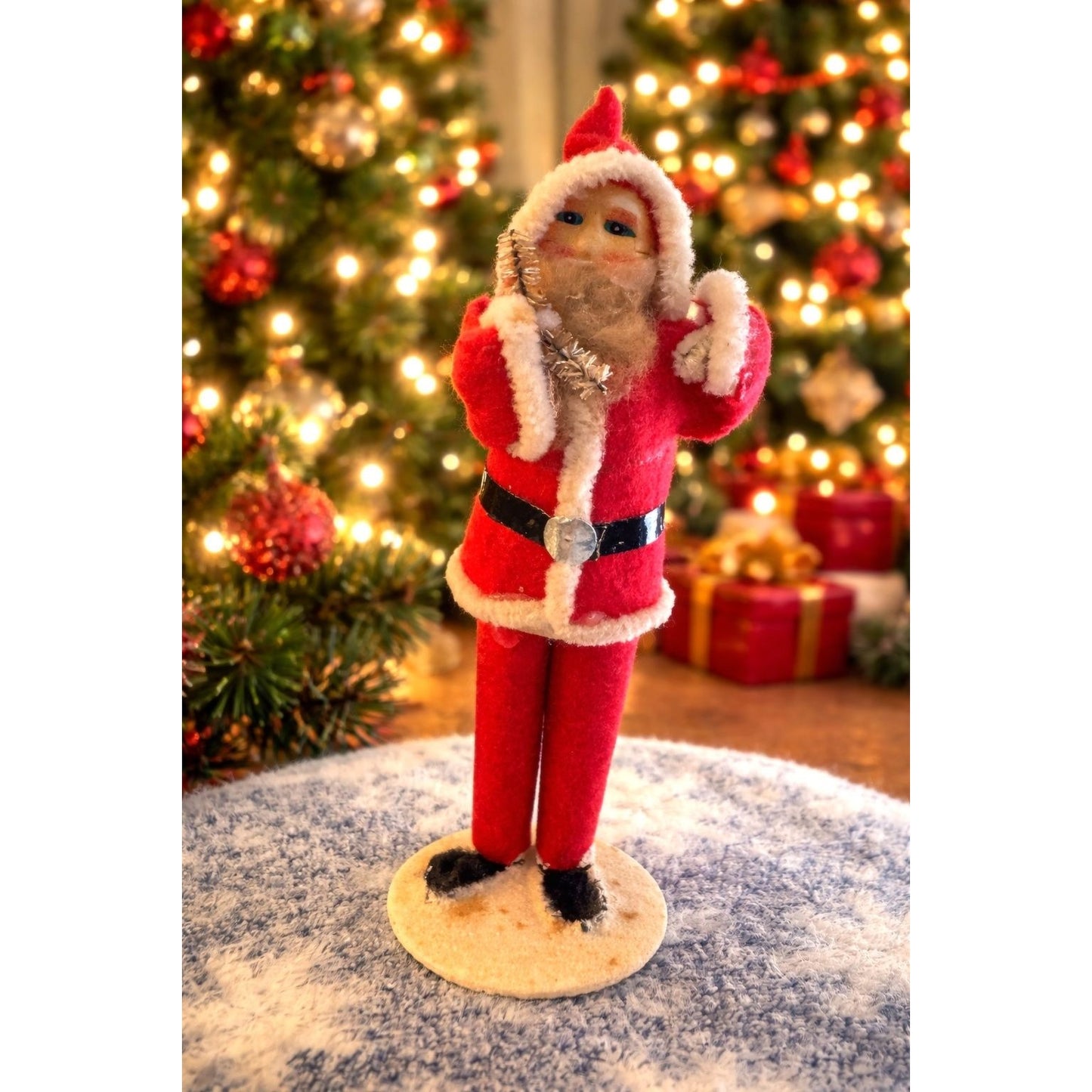 Vintage Japan Santa Claus Bottle Brush Tree Spun Cotton Beard Plastic Face 6"