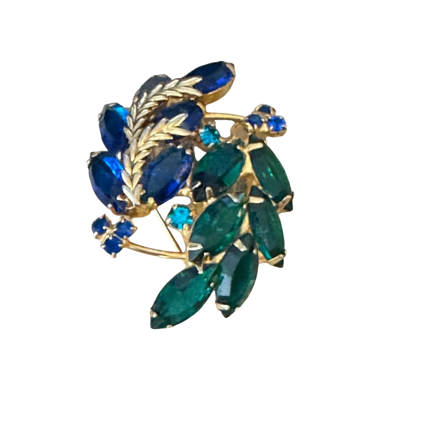 Vintage Rich Saphire Emerald Glass Rhinestone Gold Tone Brooch Pin 2" x 1.5"
