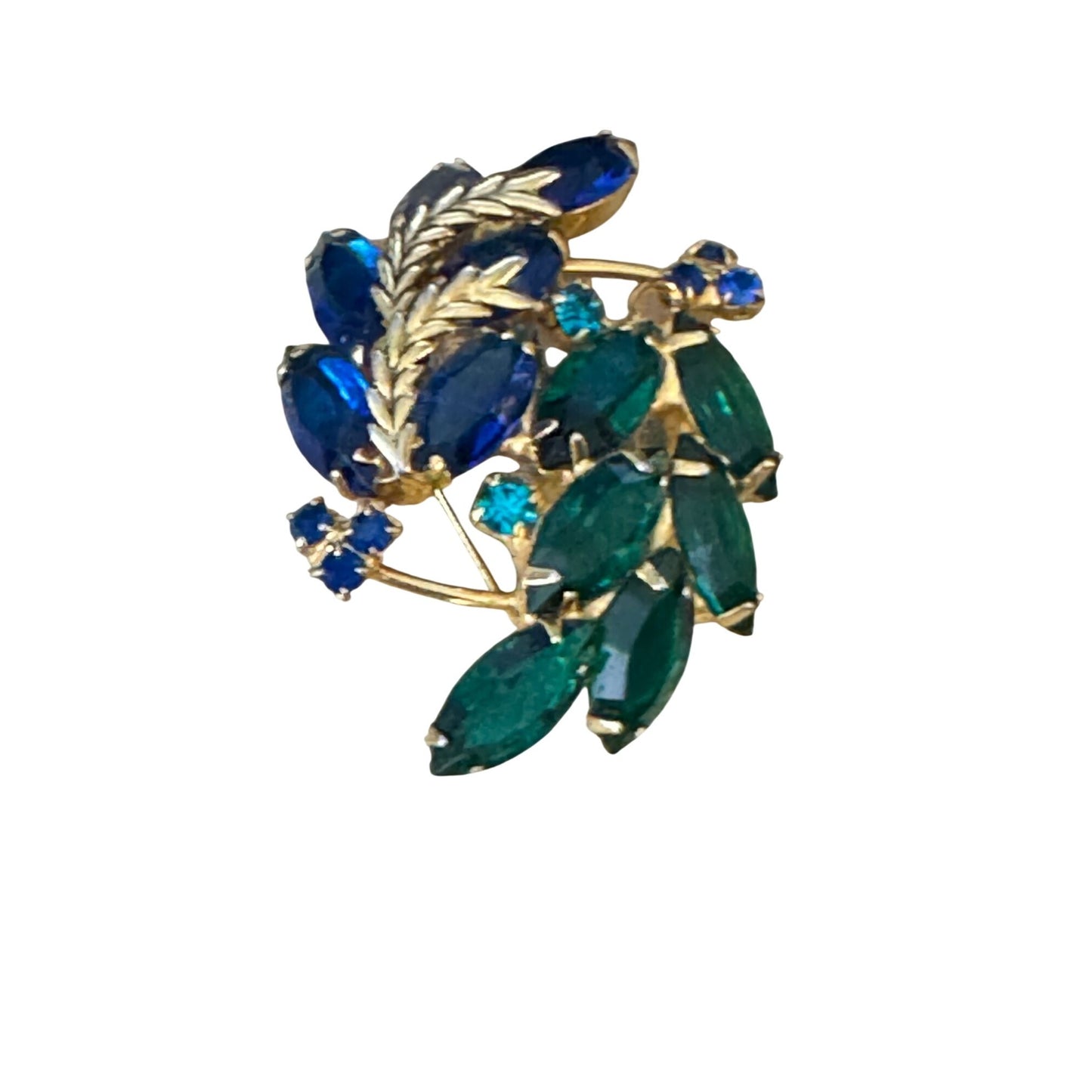 Vintage Rich Saphire Emerald Glass Rhinestone Gold Tone Brooch Pin 2" x 1.5"