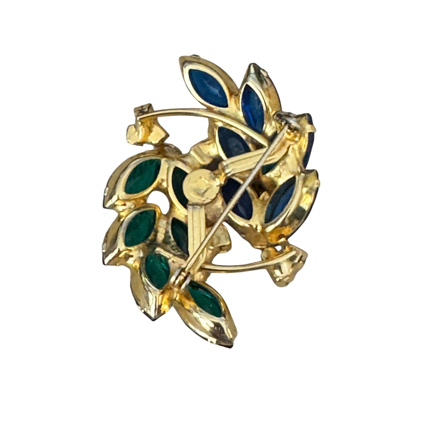 Vintage Rich Saphire Emerald Glass Rhinestone Gold Tone Brooch Pin 2" x 1.5"