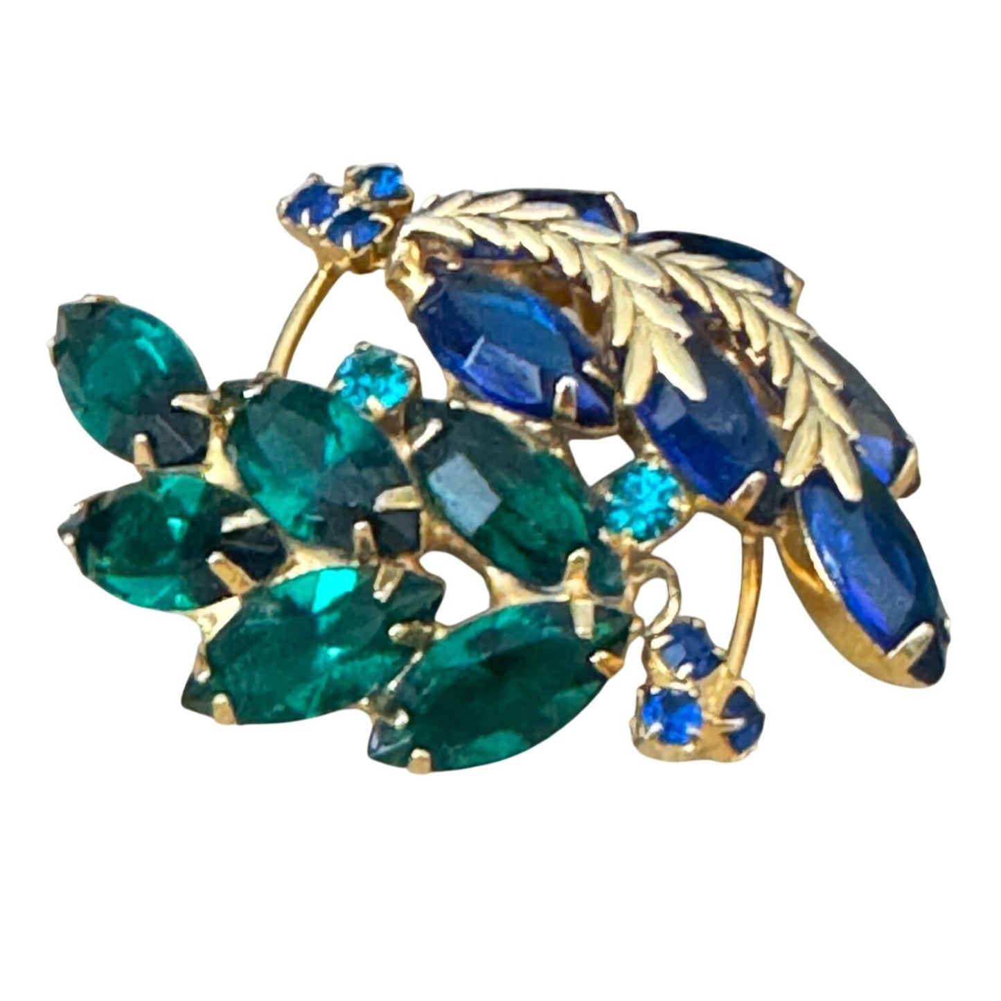 Vintage Rich Saphire Emerald Glass Rhinestone Gold Tone Brooch Pin 2" x 1.5"