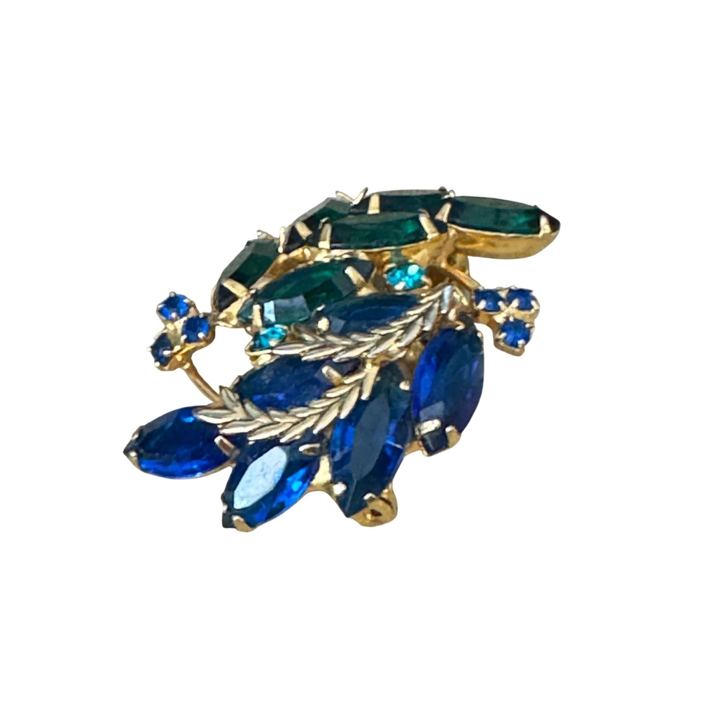 Vintage Rich Saphire Emerald Glass Rhinestone Gold Tone Brooch Pin 2" x 1.5"