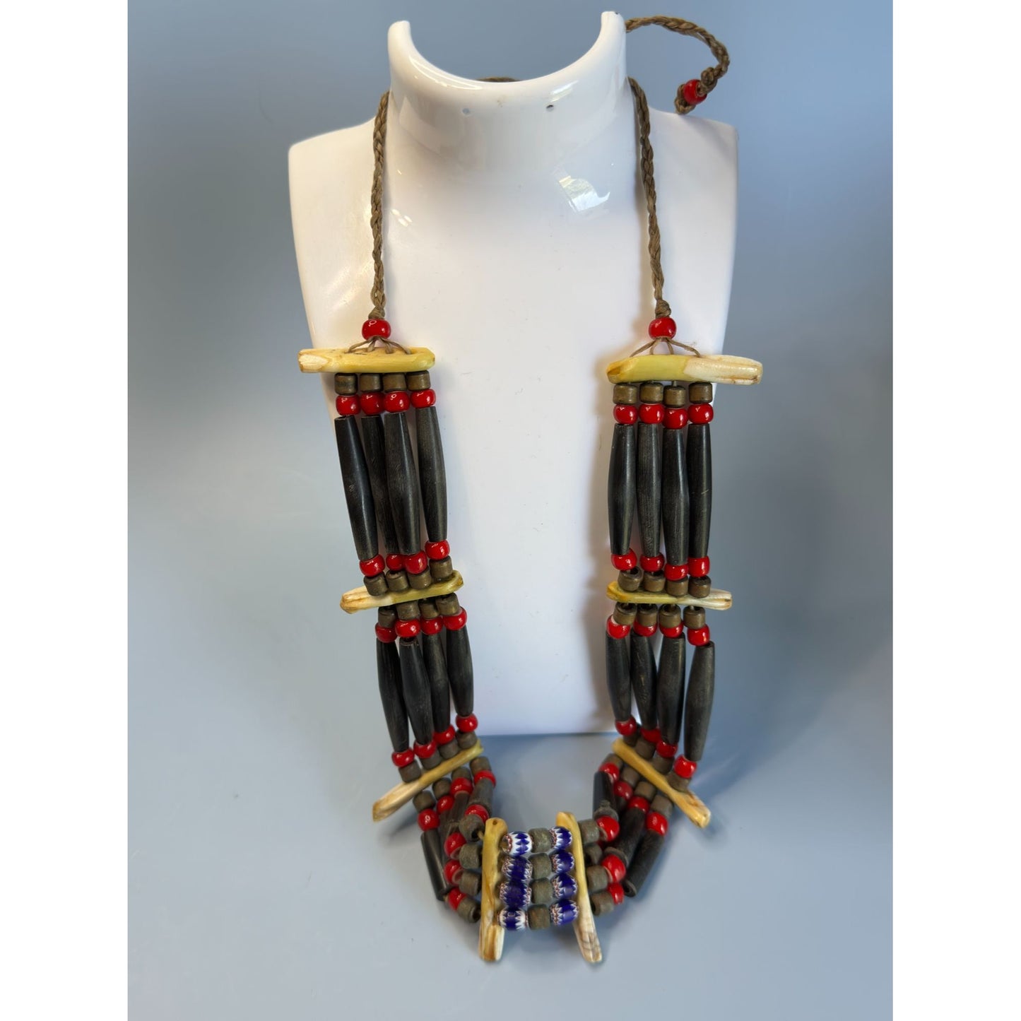 African Tribal Buffalo Bone & Murano Beads Necklace 22" Multi-Strand Handmade Ethnic Jewelry