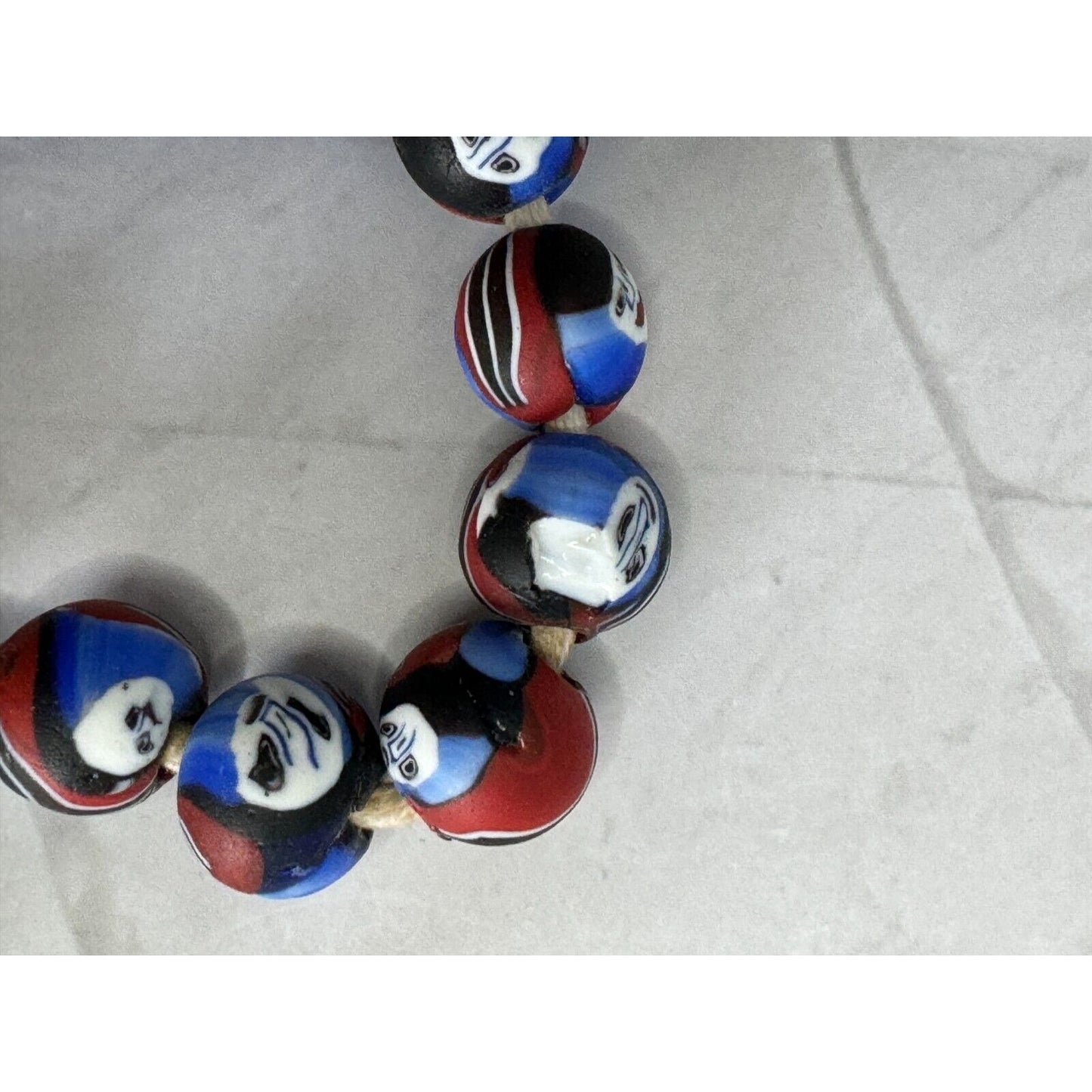 Vintage Millefiori Ghost Face Mosaic Bead Necklace 48 Handcrafted Beads 12-14mm Red Blue Black India C1980s