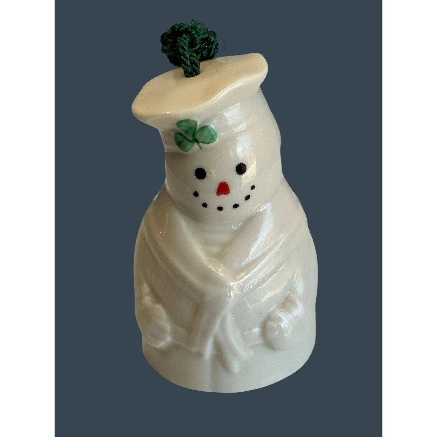 Belleek Snowman Bell Ornament White Porcelain Shamrock Green Cord 4.5" Ireland