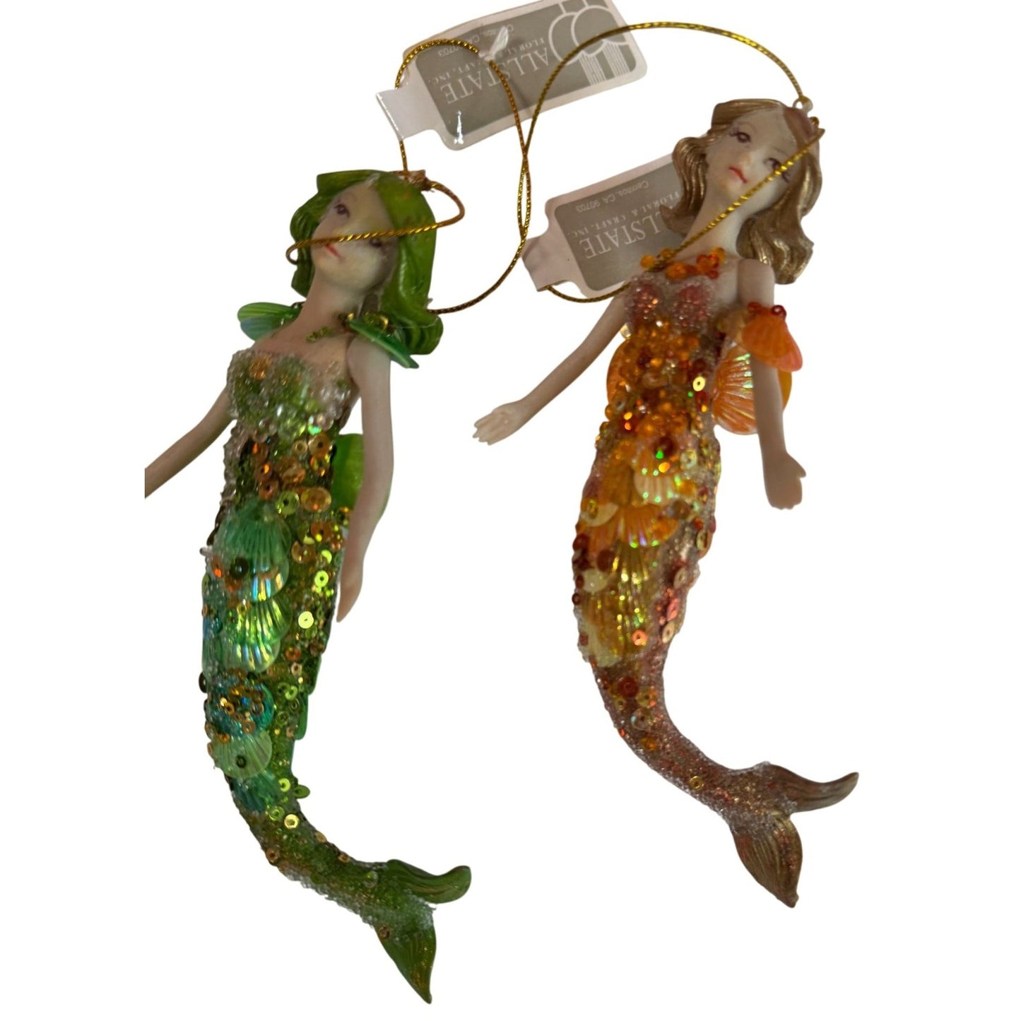 Allstate Mermaid Holiday Ornaments Orange & Green Sequined 6.5 Inch Set Of 2