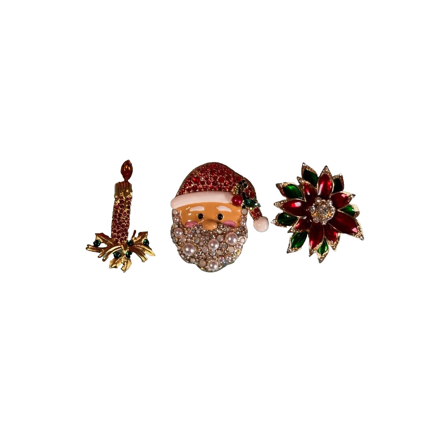 Vintage Santa Candle & Poinsettia Jeweled Christmas Brooch Pin Set Napier Monet