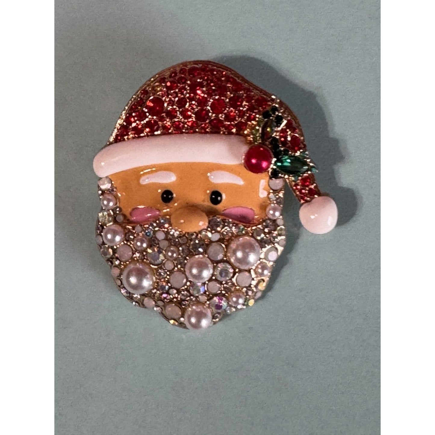 Vintage Santa Candle & Poinsettia Jeweled Christmas Brooch Pin Set Napier Monet