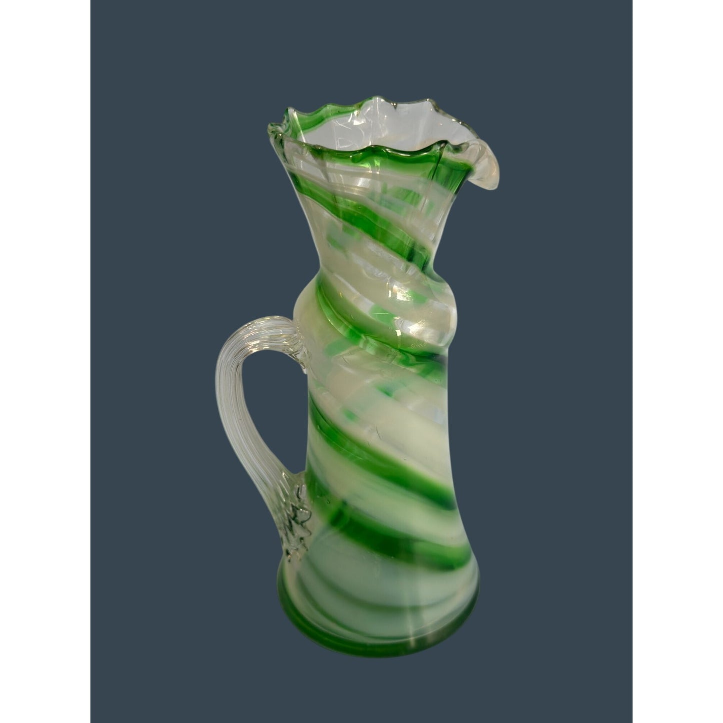Smith's Old Timer Green & White Swirled Glass Pitcher With Ruffled Rim 8 1/2"