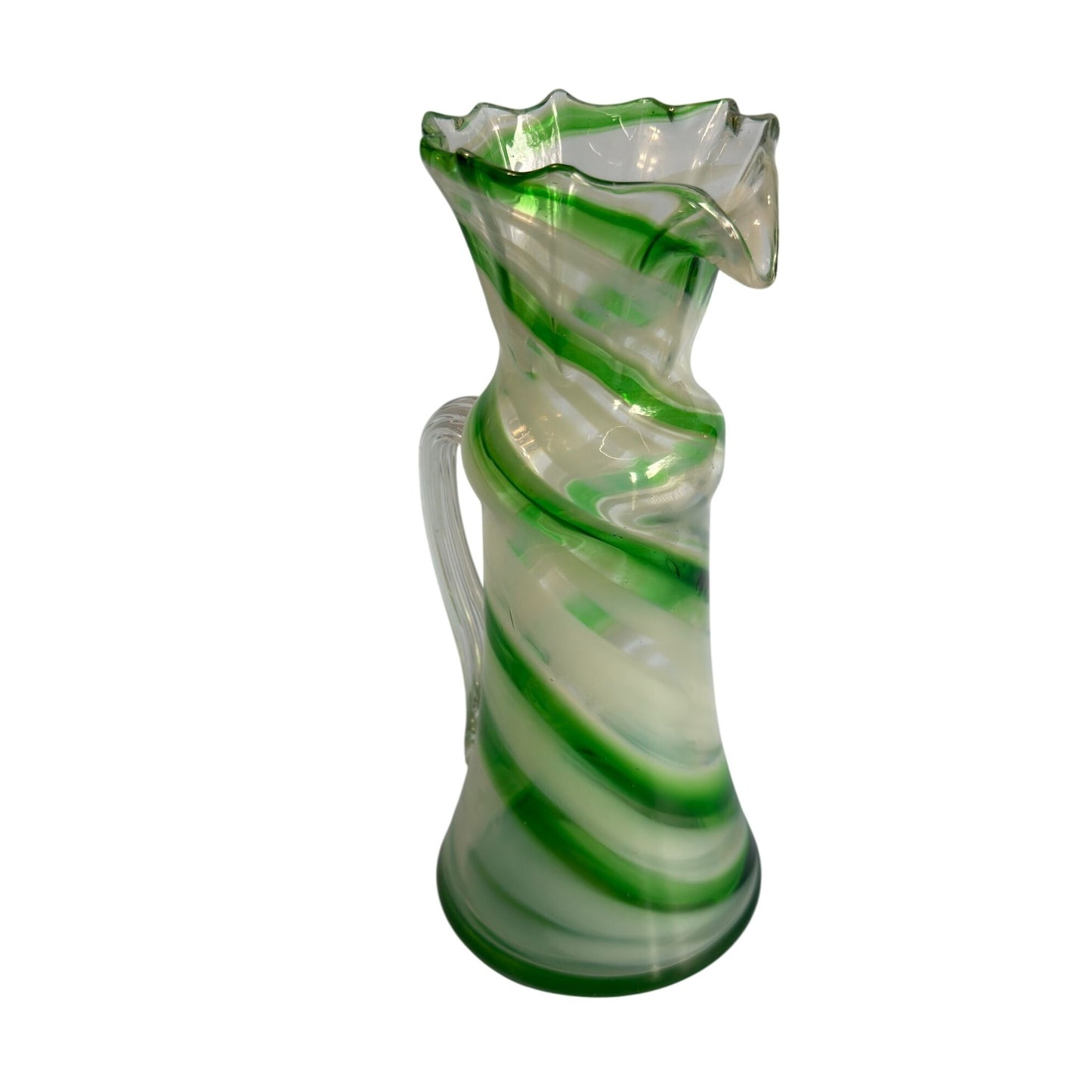Smith's Old Timer Green & White Swirled Glass Pitcher With Ruffled Rim 8 1/2"