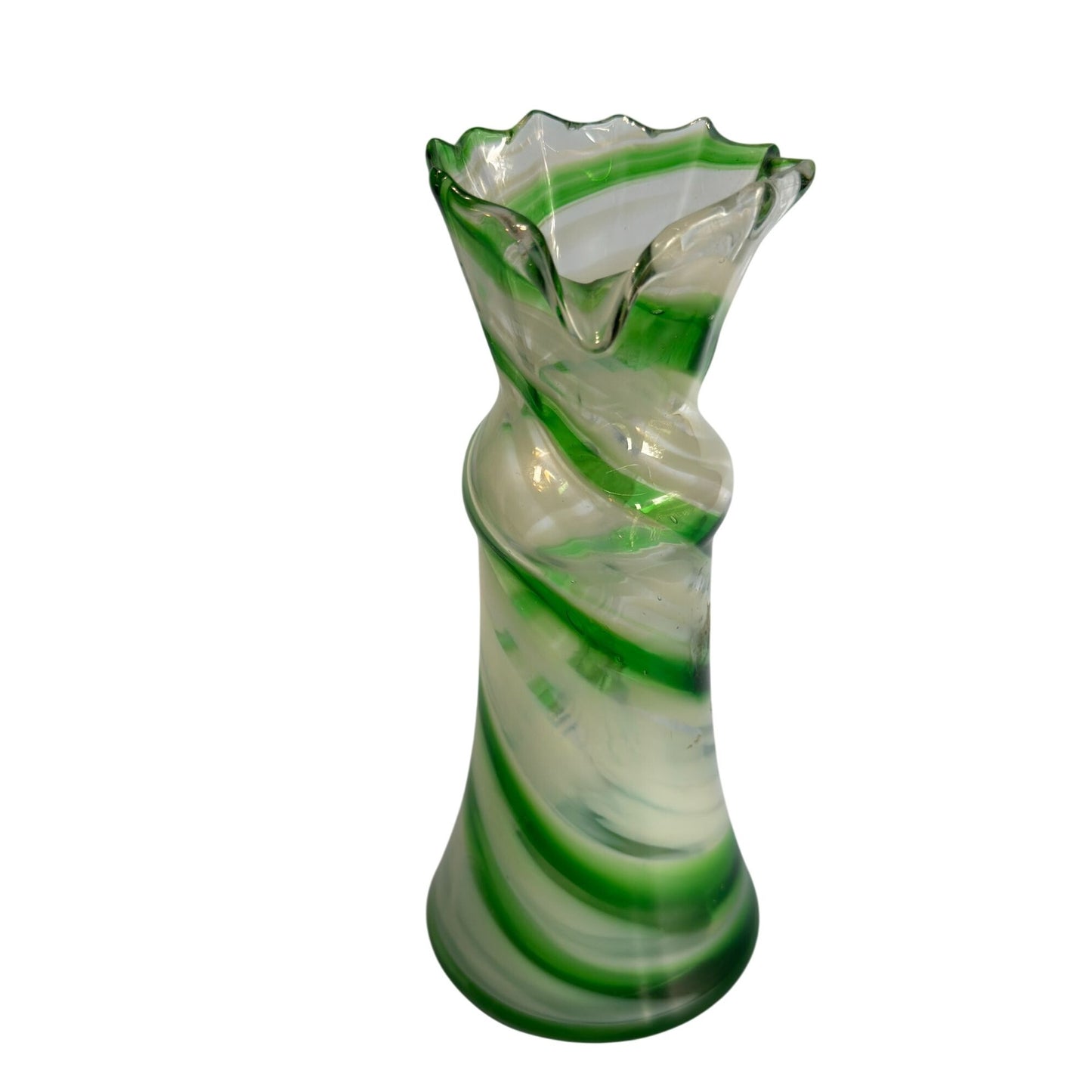 Smith's Old Timer Green & White Swirled Glass Pitcher With Ruffled Rim 8 1/2"