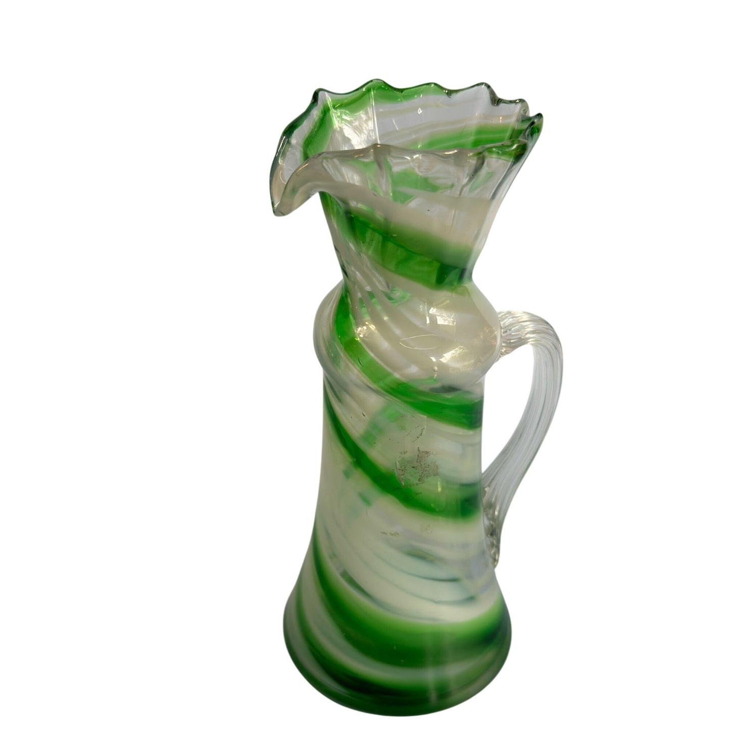 Smith's Old Timer Green & White Swirled Glass Pitcher With Ruffled Rim 8 1/2"