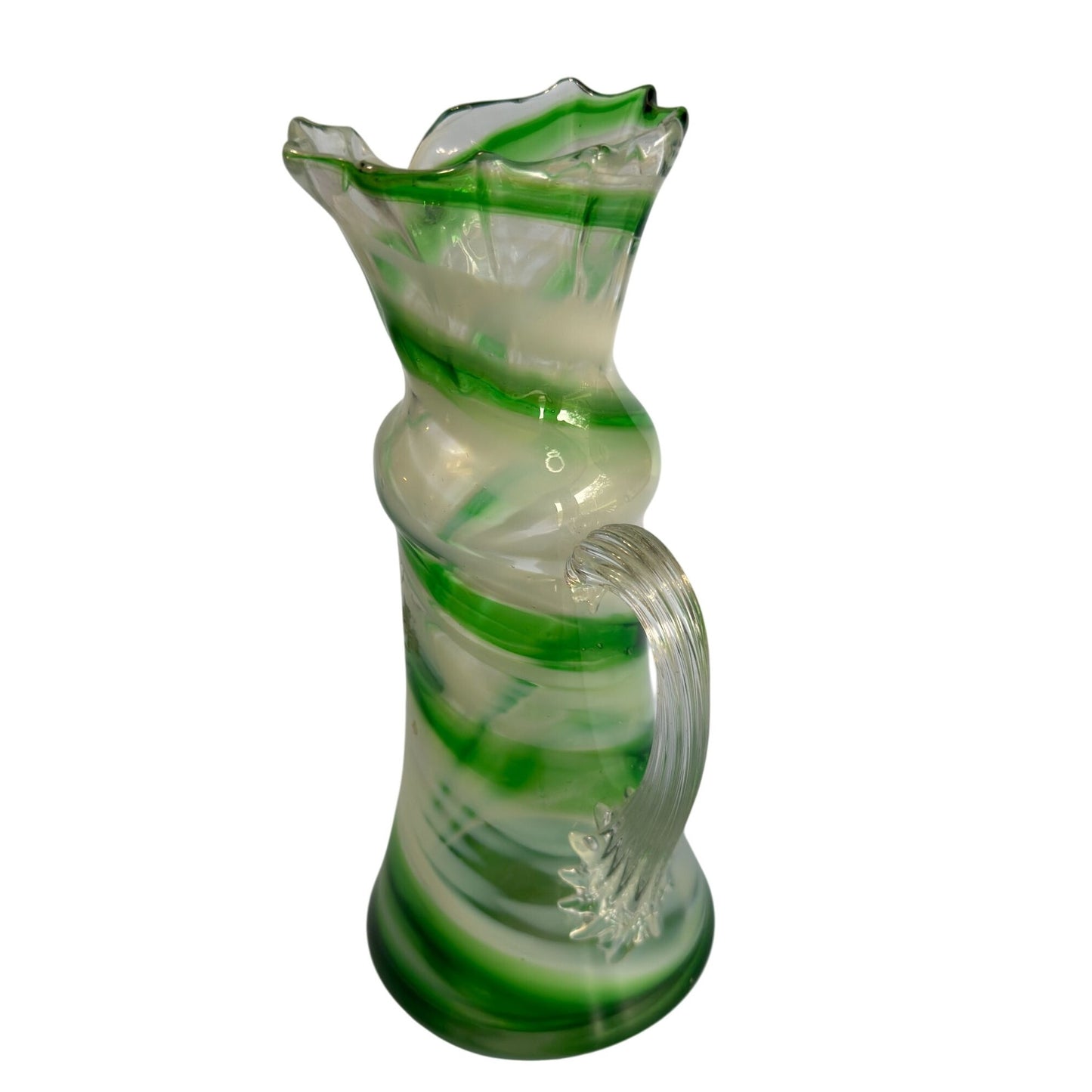 Smith's Old Timer Green & White Swirled Glass Pitcher With Ruffled Rim 8 1/2"