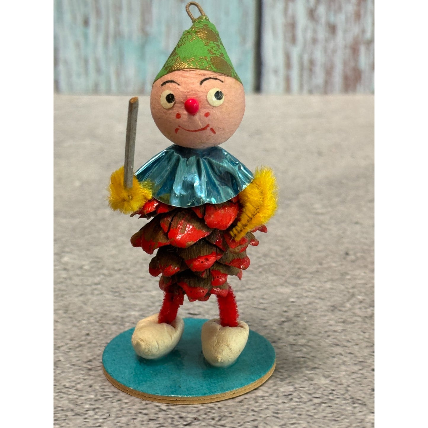 Vintage Pinecone Elf Christmas Ornaments Green Hats Foil Collars Made in Germany