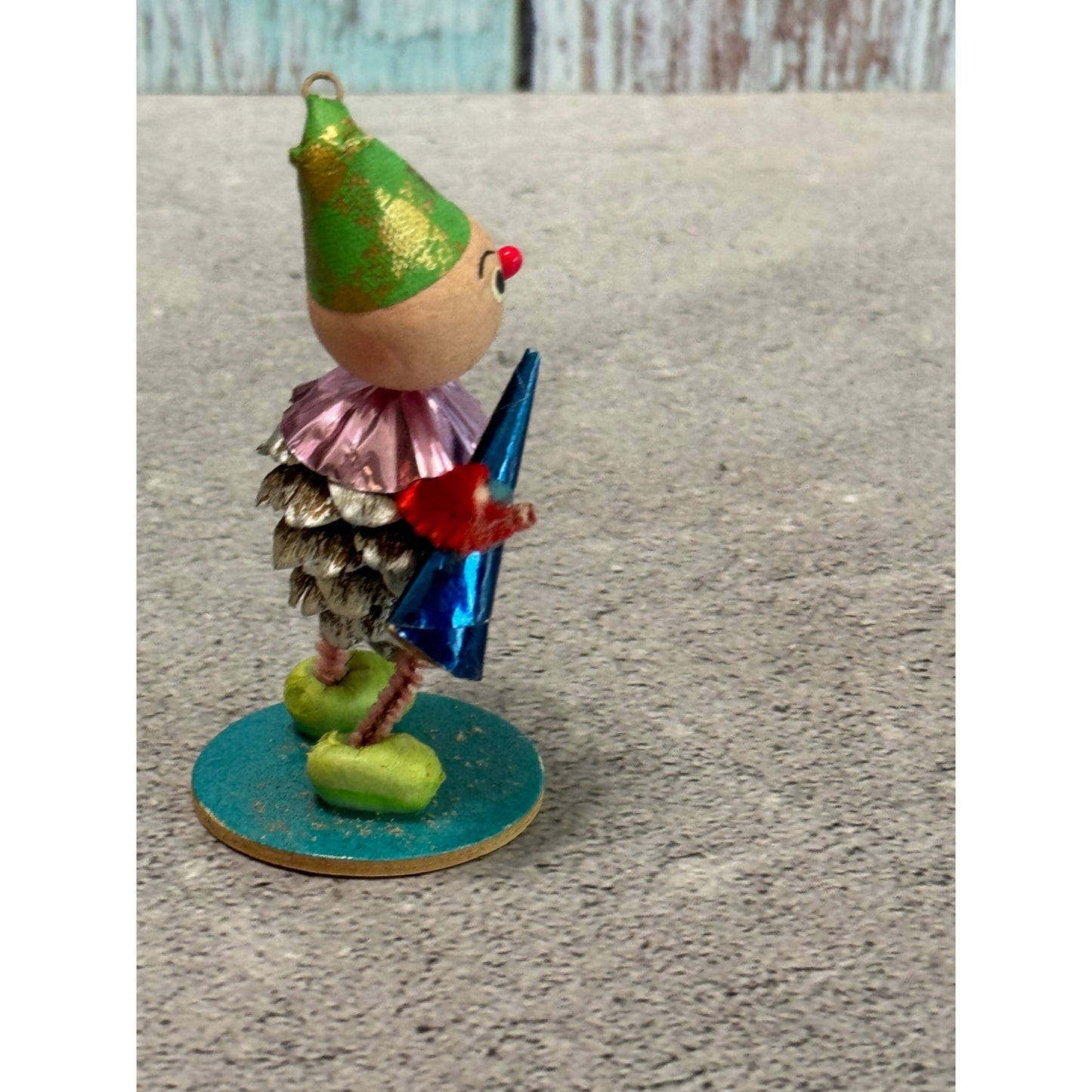 Vintage Pinecone Elf Christmas Ornaments Green Hats Foil Collars Made in Germany