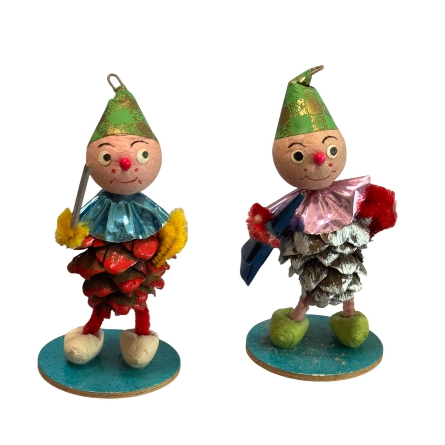 Vintage Pinecone Elf Christmas Ornaments Green Hats Foil Collars Made in Germany