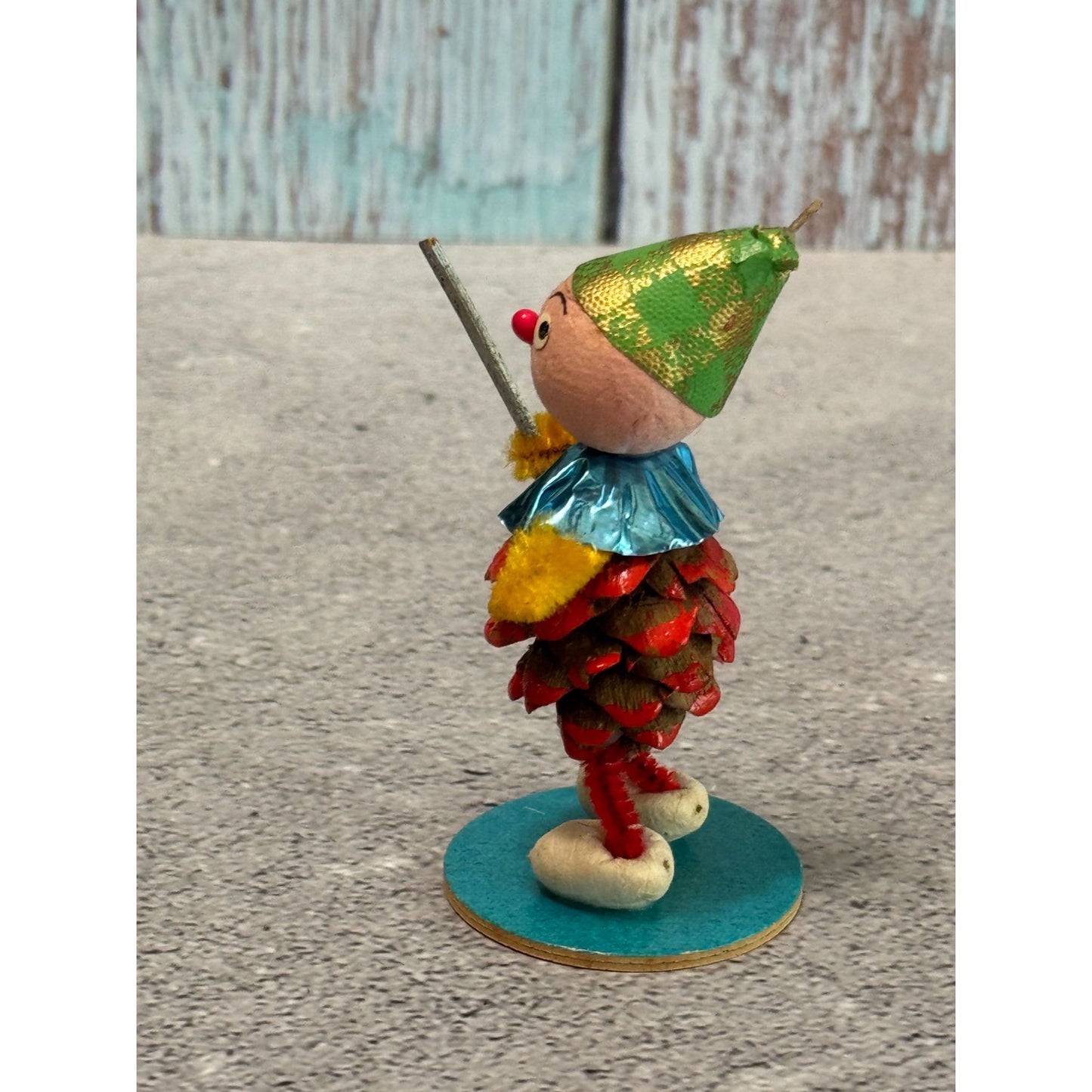 Vintage Pinecone Elf Christmas Ornaments Green Hats Foil Collars Made in Germany