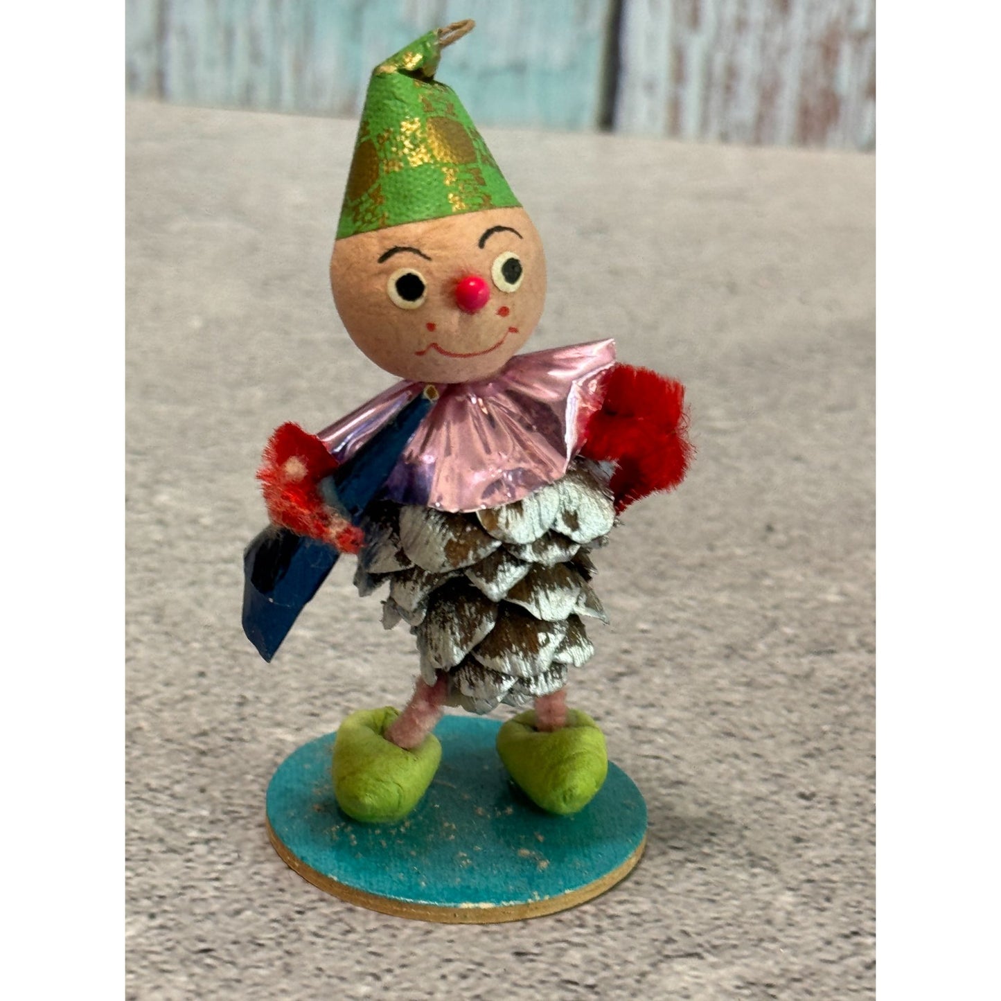 Vintage Pinecone Elf Christmas Ornaments Green Hats Foil Collars Made in Germany