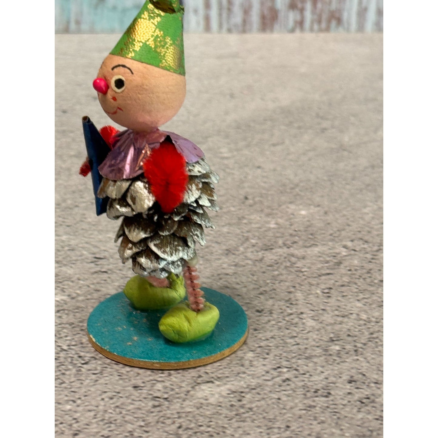 Vintage Pinecone Elf Christmas Ornaments Green Hats Foil Collars Made in Germany